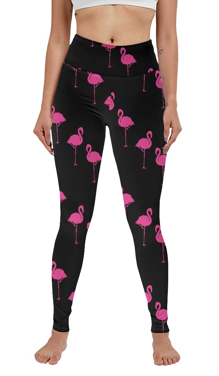 High Waist Pink Flamingo Pattern Yoga Pants - Tummy Control Workout Running Leggings for Women - Perfect for Gym, Lounge & Summer Vacations