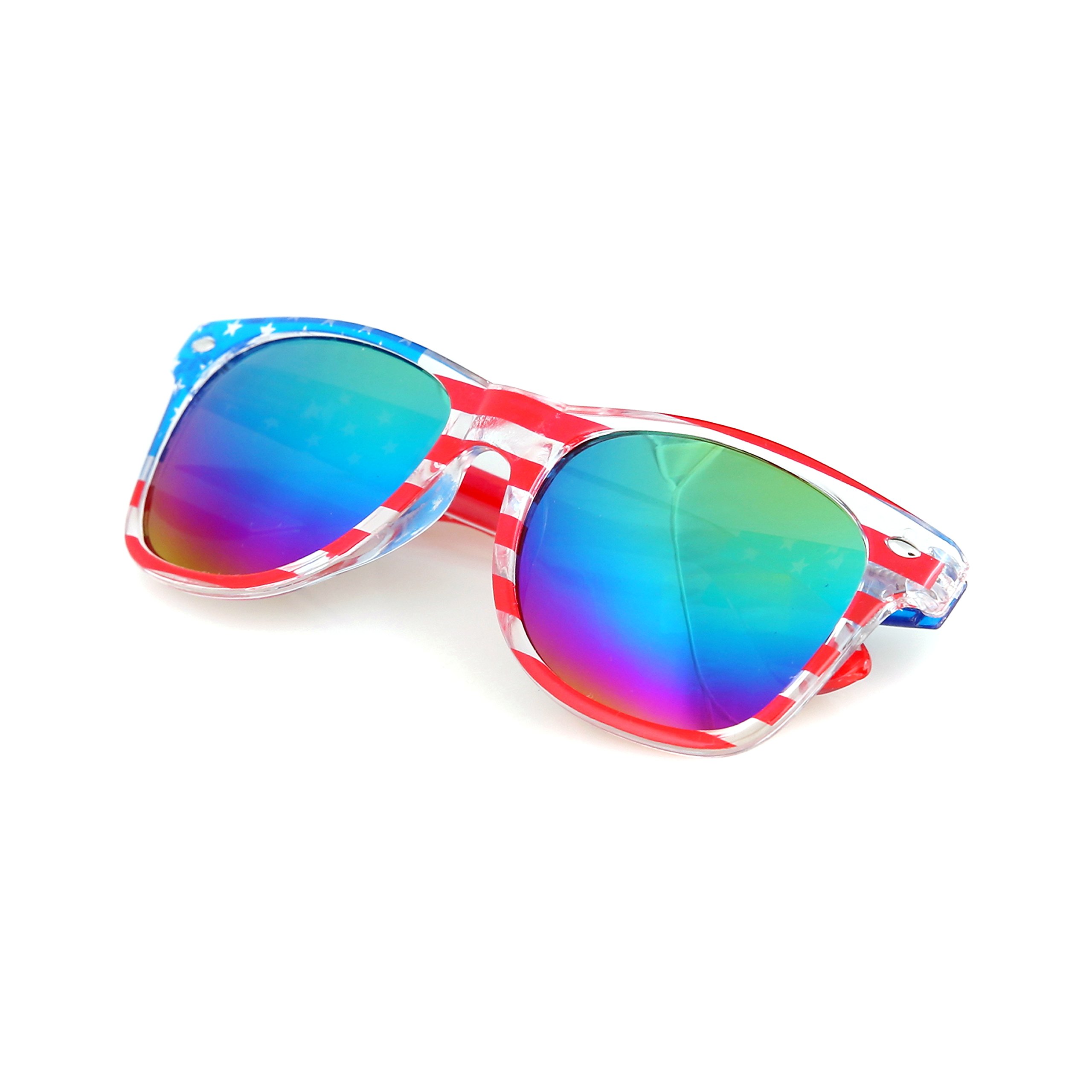 USA Flag Sunglasses - Patriotic American Flag Design with Clear Frame - 80s Retro Style for 4th of July, Beach Parties & Summer Festivals