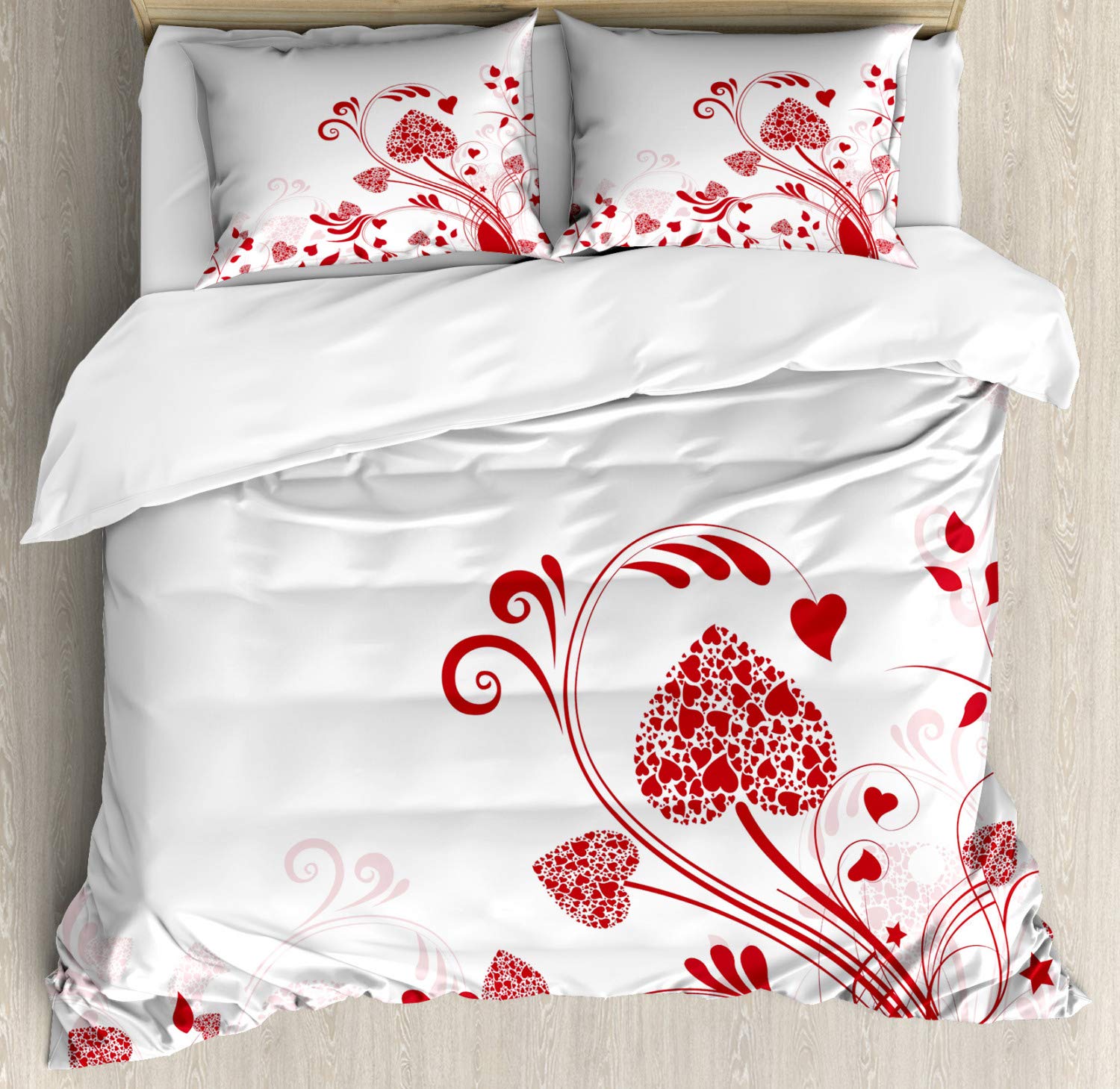 Ambesonne Valentine's Day Duvet Cover Set - Romantic Floral Heart Design, King Size 2-Piece Bedding with 4 Pillowcases, White & Red - Perfect for Couples Bedroom Decor & Anniversary Gifts