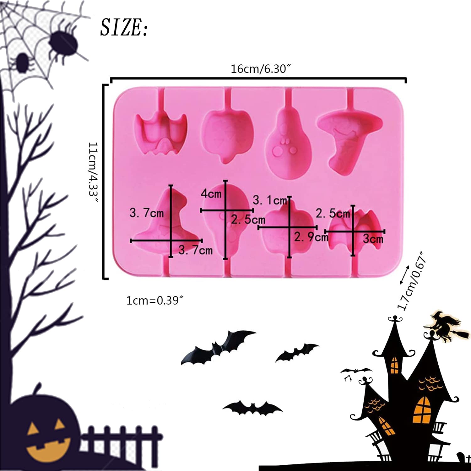 Premium Silicone Halloween Candy Molds - 2x8 Cavity Chocolate Lollipop Molds Set with Bat, Pumpkin, Ghost & Witch Hat Designs | DIY Holiday Treats for Halloween & Christmas Parties | Includes Lollipop Sticks for Easy Candy Making at Home