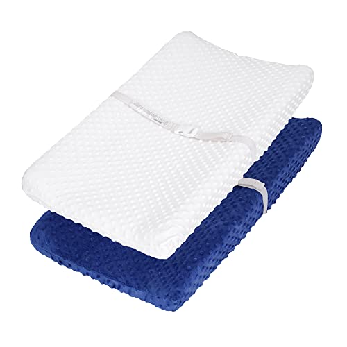 TILLYOU Minky Dot Plush Changing Pad Cover Set - Ultra Soft & Warm 2-Pack (Navy & Cream) - Fits 32
