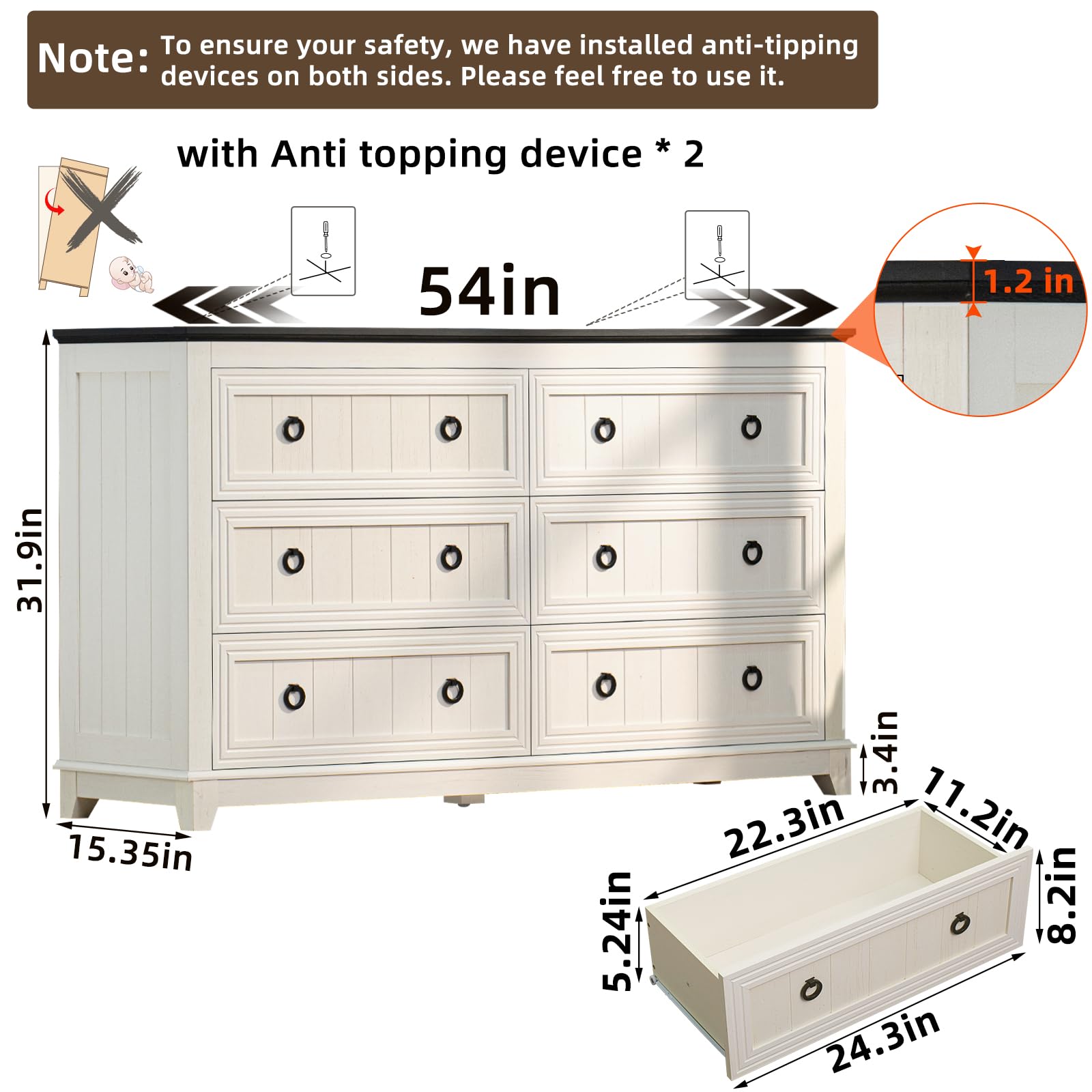 Farmhouse Style 2-Piece Nightstand Set with 6-Drawer Dresser - 54
