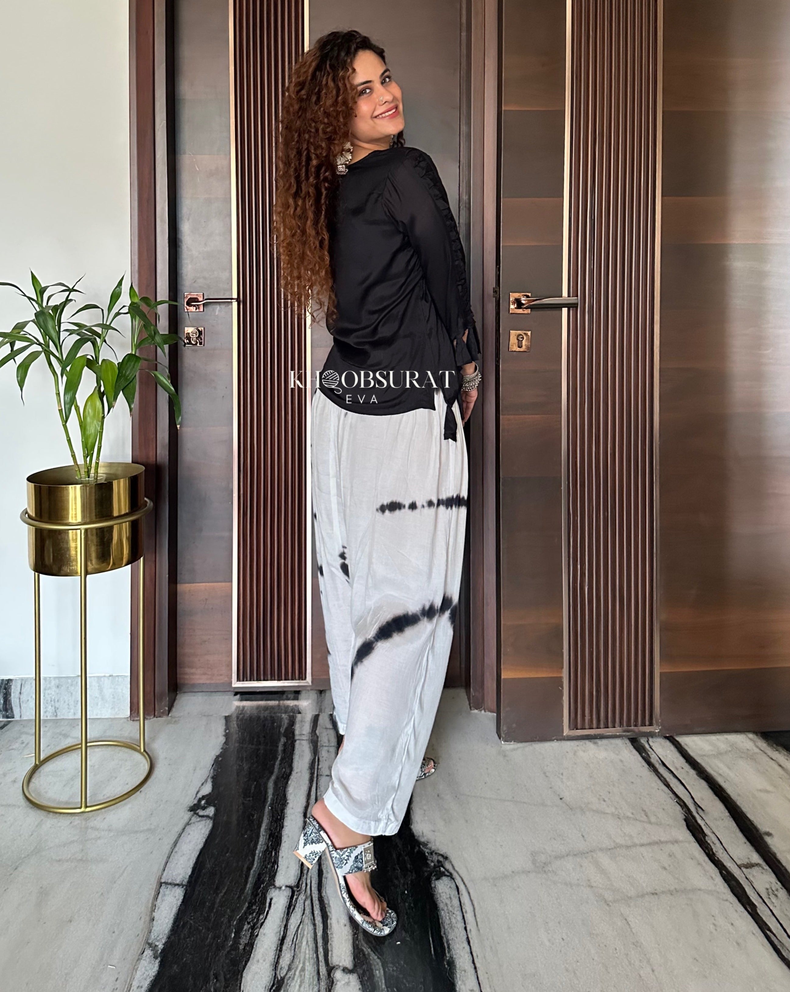 Stylish Black Top with Tulip Pants Set - Women's Fashion Outfit for Casual Wear, Office & Date Night