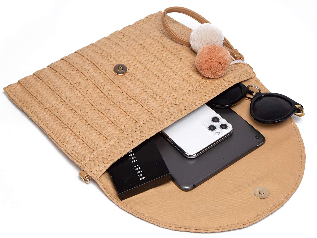 Handwoven Straw Clutch with PomPom - Women's Crossbody Bag for Summer Beach, Boho Purse & Wallet | Perfect for Vacations, Pool Parties, and Outdoor Events