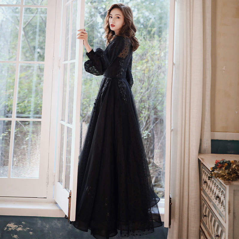 Elegant French Style Black Long Prom Dress with Long Sleeves - Perfect for Evening Parties, Formal Events & Homecoming Dances