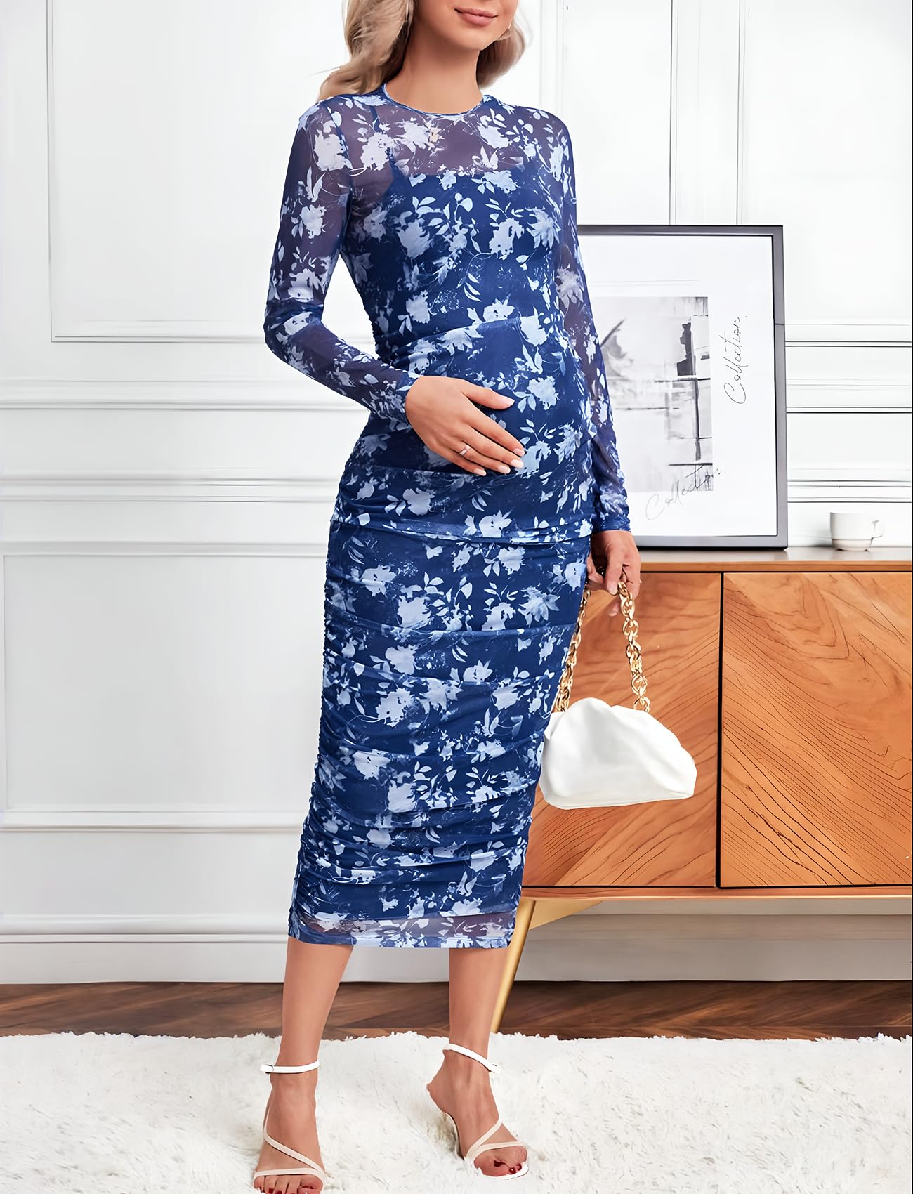 Stylish Mesh Maternity Dress with Ruched Sides & Round Neck - Perfect for Baby Showers, Weddings & Cocktail Parties | Comfortable Pregnancy Dress for Fall 2024 | Ideal for Special Occasions & Everyday Wear