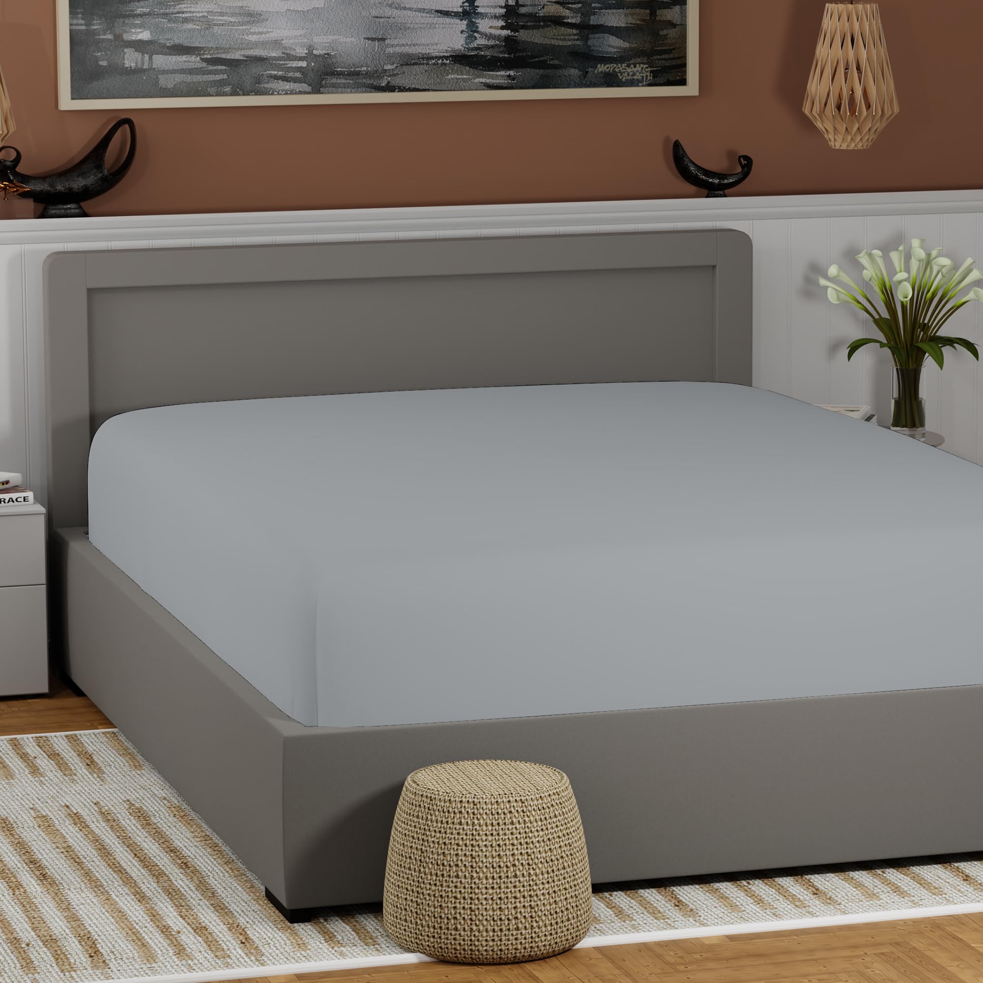 100% Cotton Queen Size Fitted Sheet - Soft Gray Cooling Bed Sheet with 17