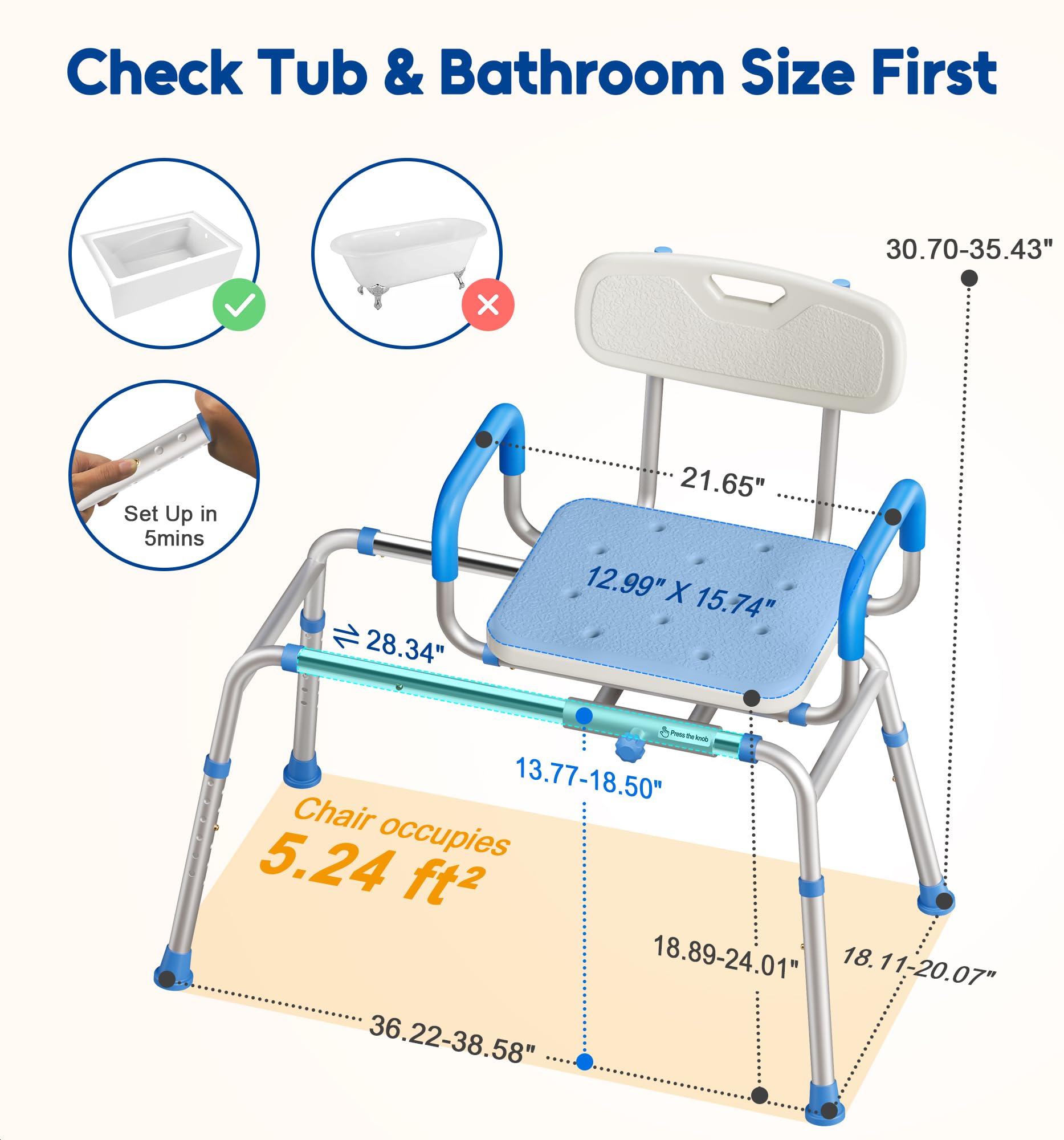 FSA/HSA Eligible Sliding Shower Chair with Extra-Wide 360° Swivel Seat - 330lbs Weight Capacity Tub Transfer Bench with Non-Slip Padded Arms & Adjustable Height - Ideal for Elderly & Disabled Bath Safety - Perfect for Shower, Bathtub & Bathroom Mobility Assistance