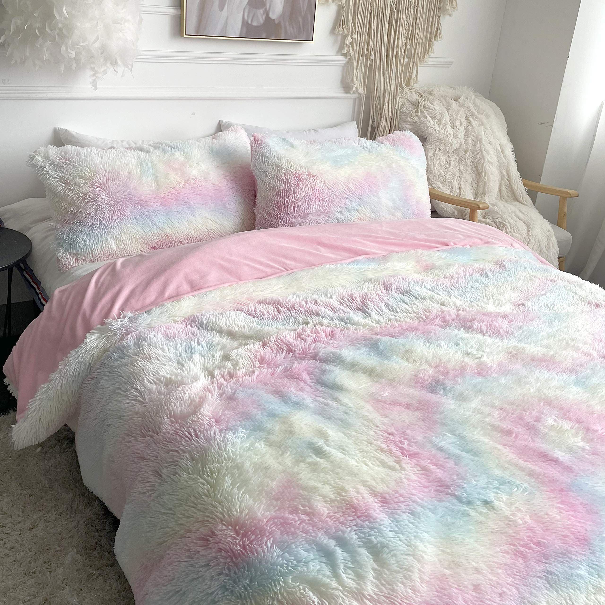 **Sleepwish Plush Shaggy Duvet Cover Set - Ultra Soft Fuzzy Unicorn Bedding Comforter Cover for Girls, Luxury Crystal Velvet Bedding Set with 2 Pillowcases (3 PCS Faux Fur Queen Size, Rainbow) - Perfect for Kids' Bedrooms, Birthday Gifts & Cozy Winter Nights**