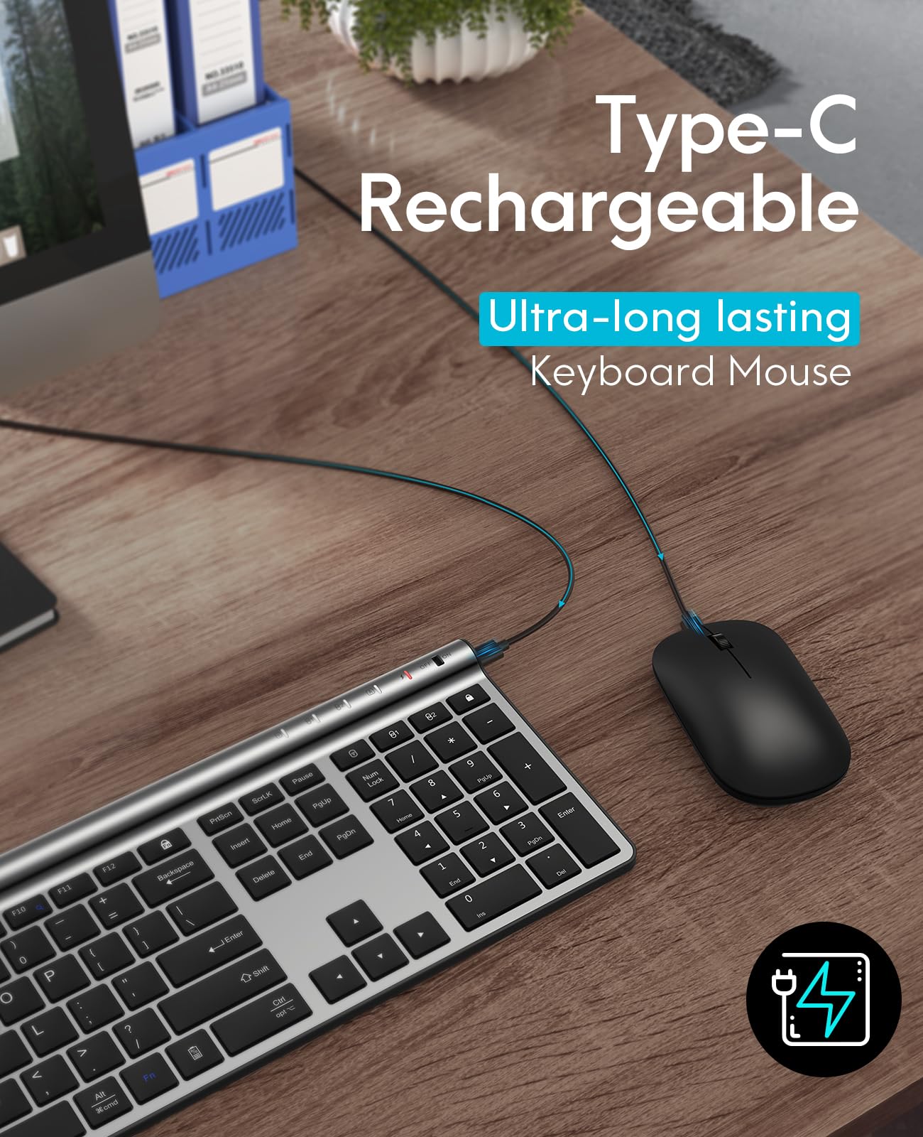CHESONA Wireless Keyboard and Mouse Combo with Phone Stand - Rechargeable Full-Size Multi-Device Bluetooth 5.0/3.0/2.4G for Windows, Mac, iOS, Android - Silver Black for Home Office, Gaming & Remote Work
