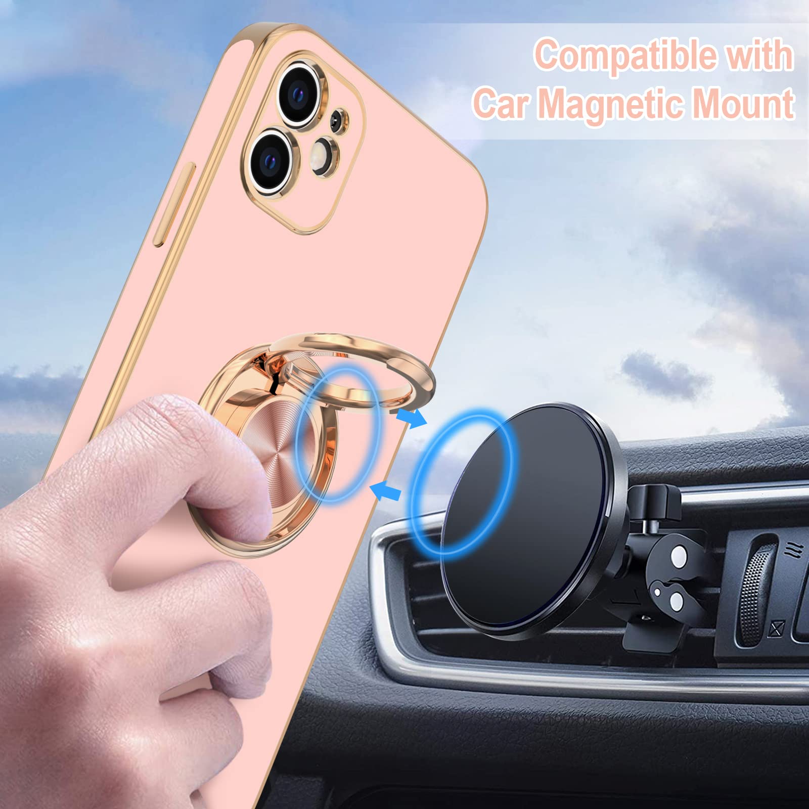 360° Rotatable Magnetic Ring Stand Case for iPhone 11 - Rose Gold Shiny Plated Edge, Slim Soft TPU Protective Cover (Pink) | Perfect for Women & Girls - Hands-Free Viewing, Secure Grip & Stylish Protection