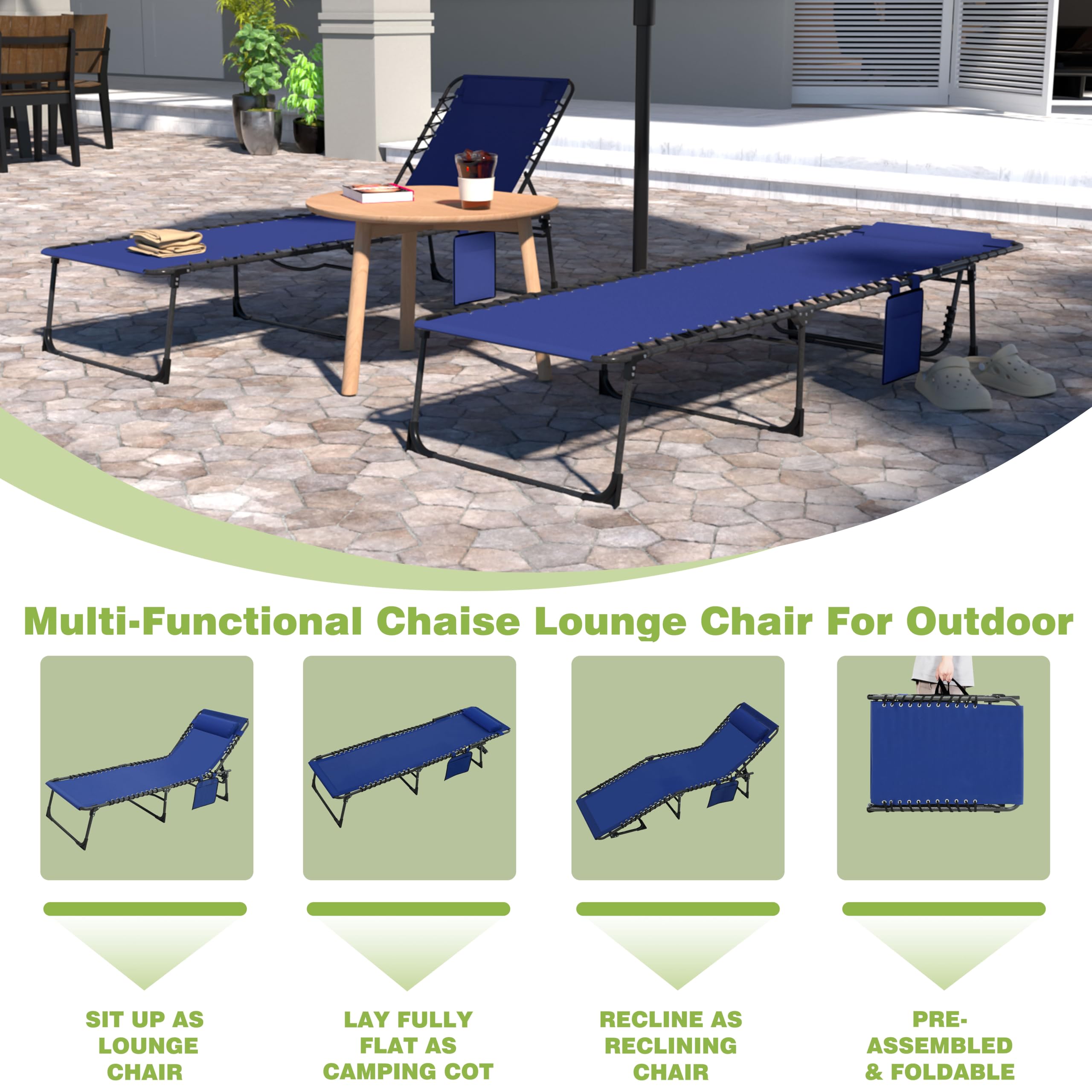 VEIKOU 5-Position Adjustable Chaise Lounge Chair - Upgraded Folding Outdoor Sun Lounger for Patio, Poolside, Beach & Backyard - Perfect for Sunbathing, Relaxing & Outdoor Lounging - Blue Reclining Chair