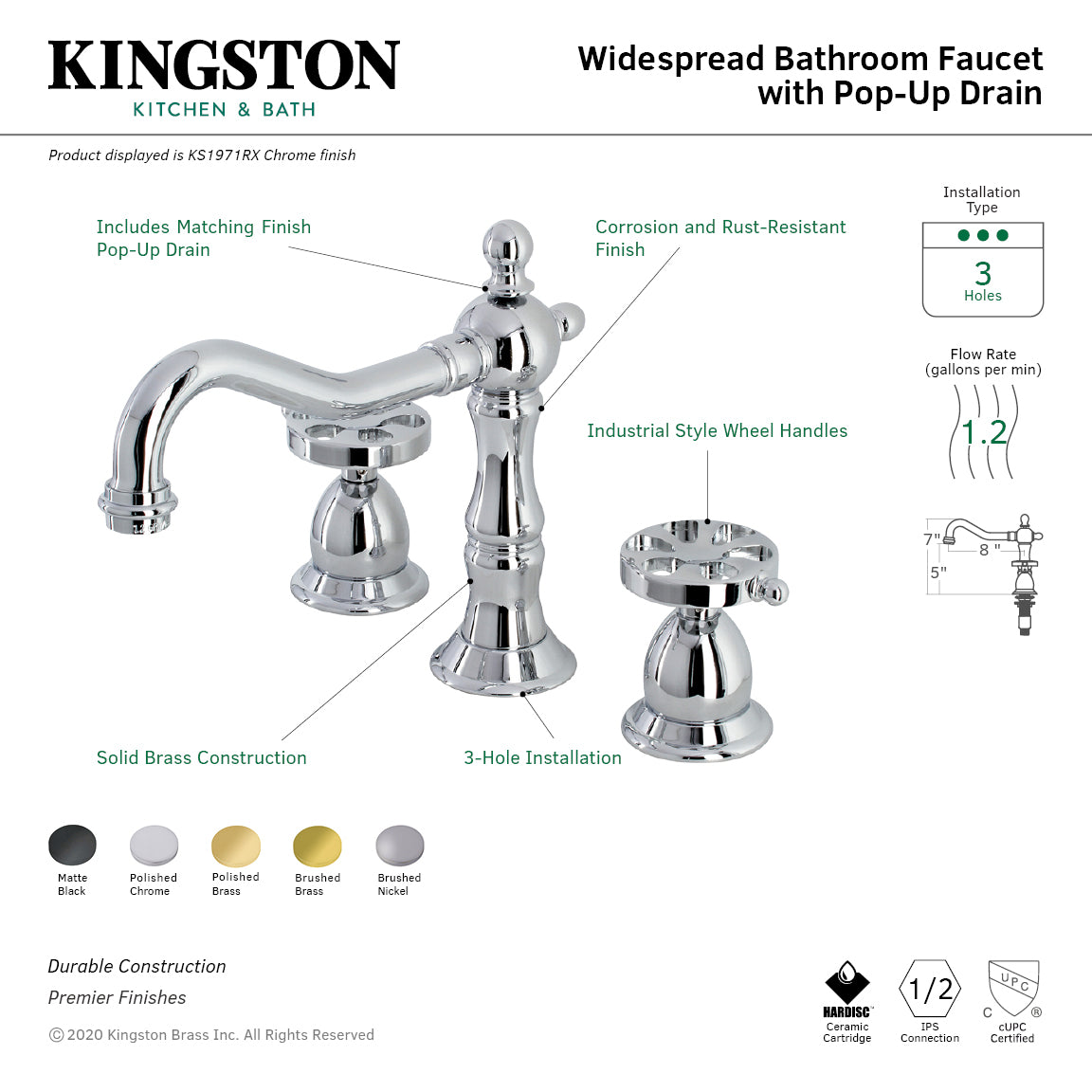Belknap KS1971RX 3-Hole Widespread Bathroom Faucet with Brass Pop-Up Drain - Polished Chrome Finish - Perfect for Modern Bathroom Vanities & Sink Upgrades