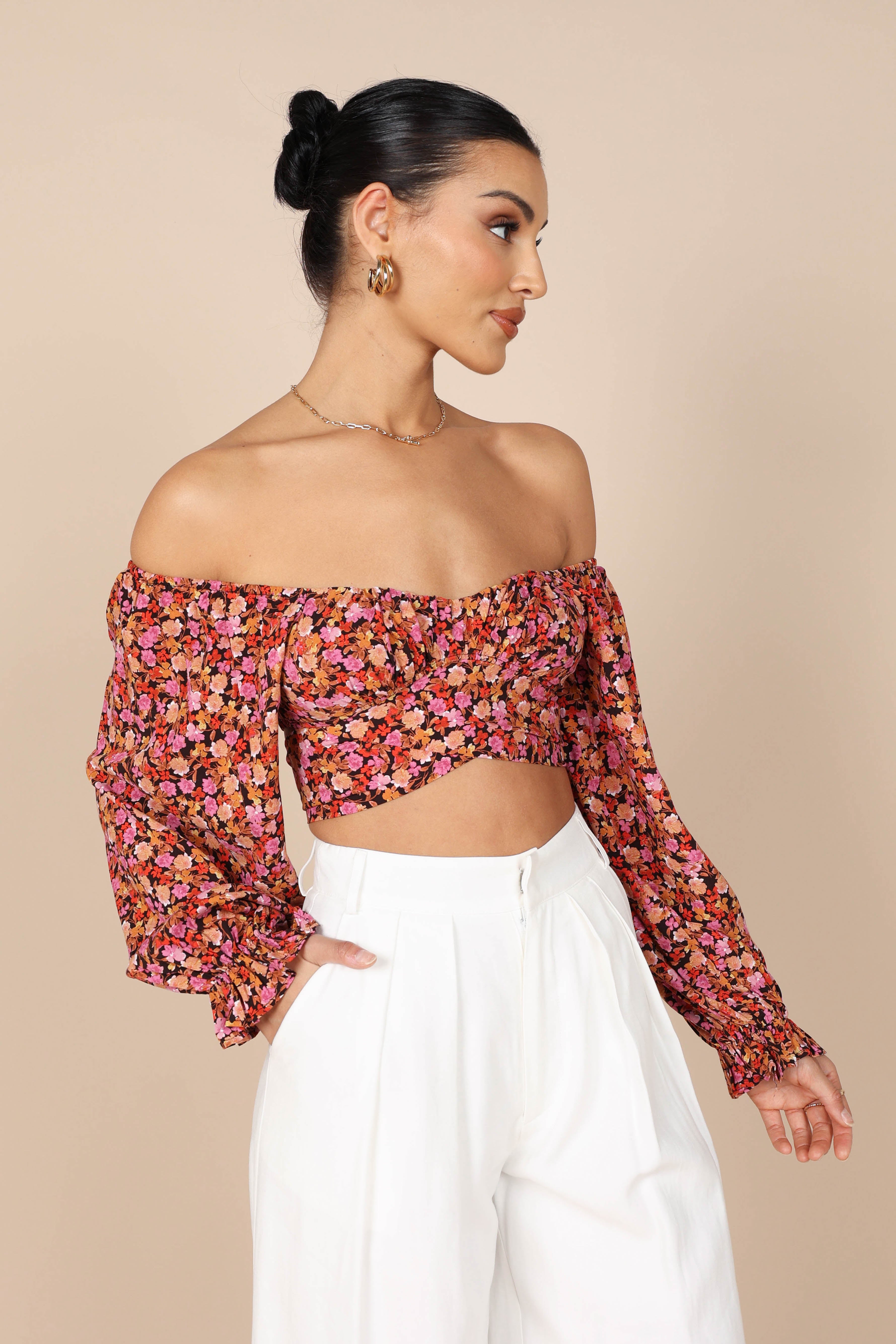 Jillian Cropped Top - Pink Floral Print Women's Fashion Blouse for Summer Outfits & Casual Wear