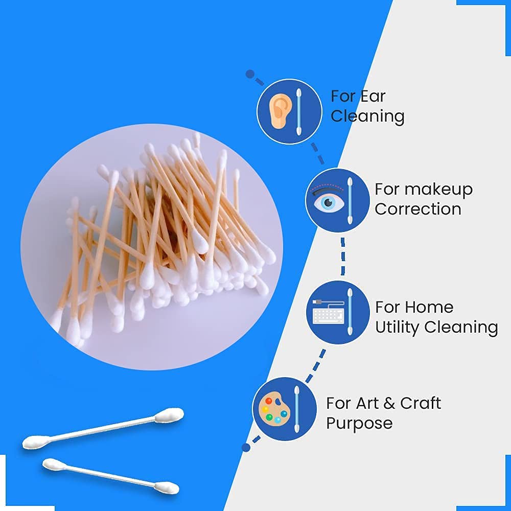 Natural Cotton Swabs with Wooden Stick - Double Head Tips for Ear Cleaning & Makeup (3-Pack) - Gentle & Safe for Sensitive Skin, Perfect for Personal Hygiene, Beauty & First Aid Kits