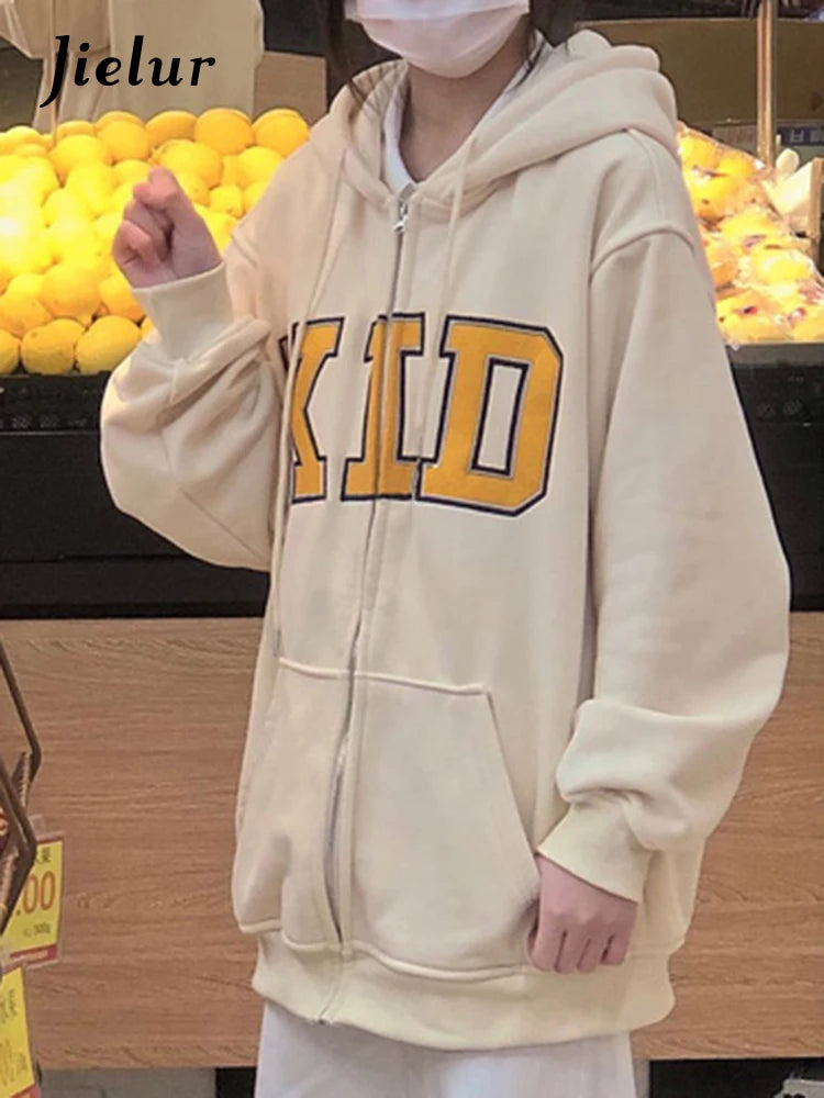 Women's Casual Zip Up Hoodie with Letter Print - Apricot Loose Fit Streetwear Sweatshirt with Pockets | Winter Fashion Basic for Everyday Wear, Gym, and Outdoor Activities