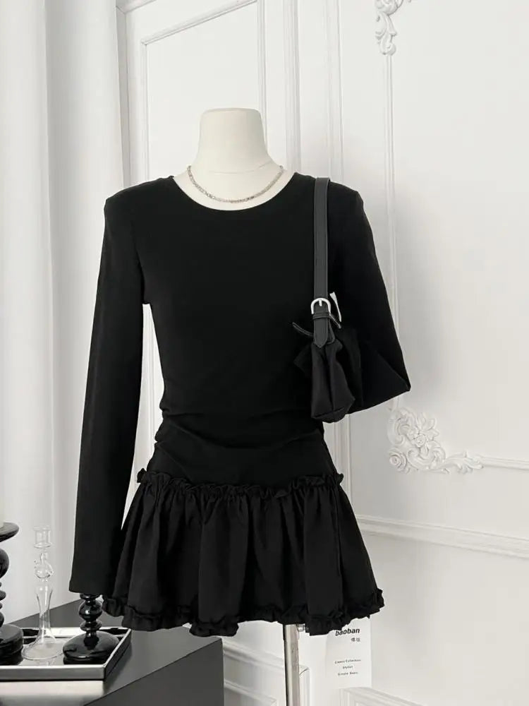 2024 Autumn Winter Women's Fashion Black & Beige Round Neck Long Sleeve Pleated Mini Dress with Ruffles - Elegant Sexy Short Dress for Party, Dating & Office Wear