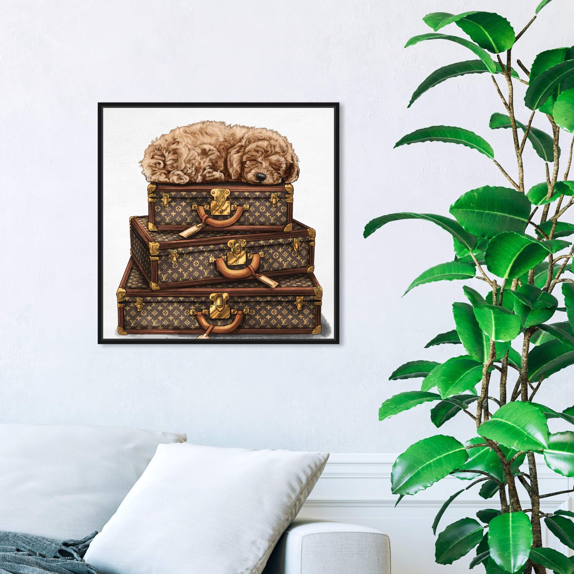 Oliver Gal Artist Co. Sleeping Poodle Framed Wall Art - 20x20 Inch Brown & White Canvas Print for Home Decor, Bedroom, Living Room & Office | Fashionable Travel-Themed Artwork