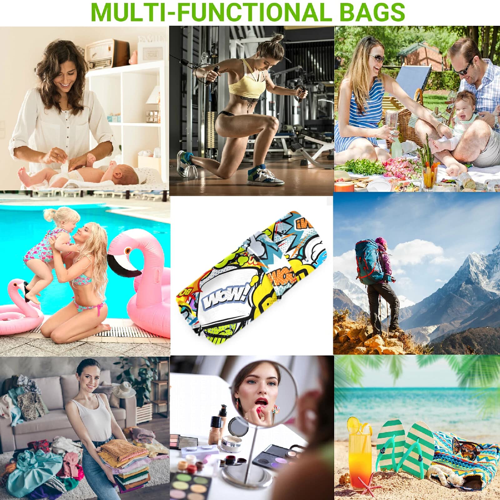 Visesunny 2-Pack Waterproof Wet Bags with Zipper Pockets - Colorful Speech Bubble & Cloud Design - Reusable, Washable, Roomy Storage for Swimsuits, Gym Clothes, Diapers - Perfect for Travel, Beach, Pool, Daycare & Stroller Use