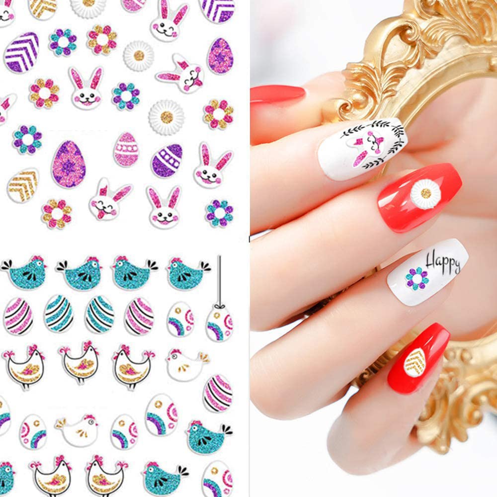3D Easter Nail Art Stickers - 12 Sheets Self-Adhesive Bunny, Eggs & Flower Nail Decals for DIY Acrylic Nails | Perfect for Easter Parties, Spring Nail Designs & Nail Salon Decorations
