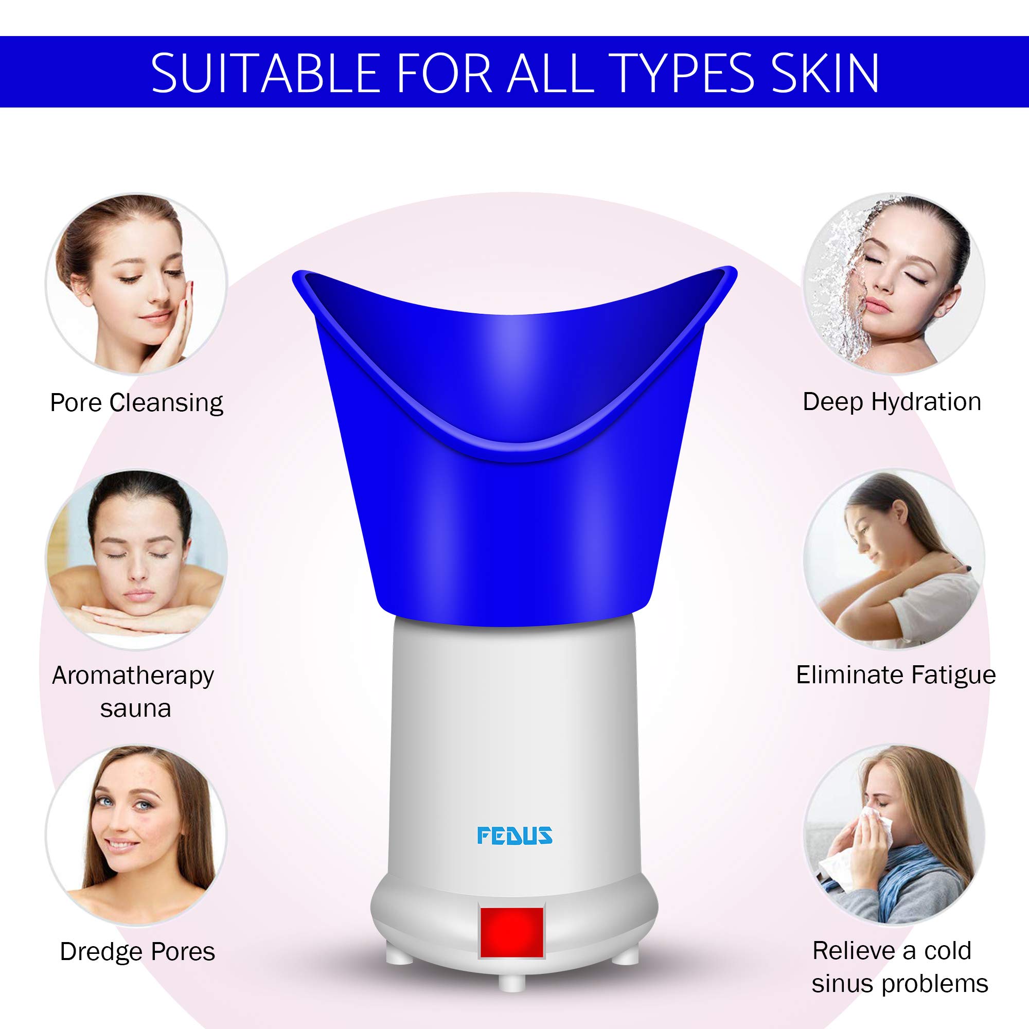 FEDUS 3-in-1 Facial Steamer for Face, Nose & Cough Relief - Portable Steam Vaporizer with Nozzle Inhaler & Sauna Mask - Safe for Adults & Kids (Blue) | Perfect for Home Spa, Cold Relief & Skincare Routine