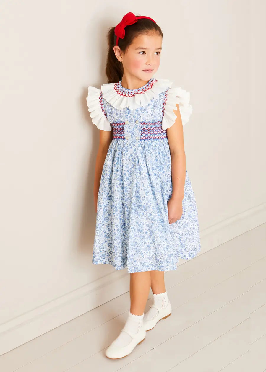 Charlotte Floral Hand Smocked Sleeveless Dress for Girls in Blue - Sizes 12 Months to 10 Years | Perfect for Summer Parties, Weddings & Special Occasions