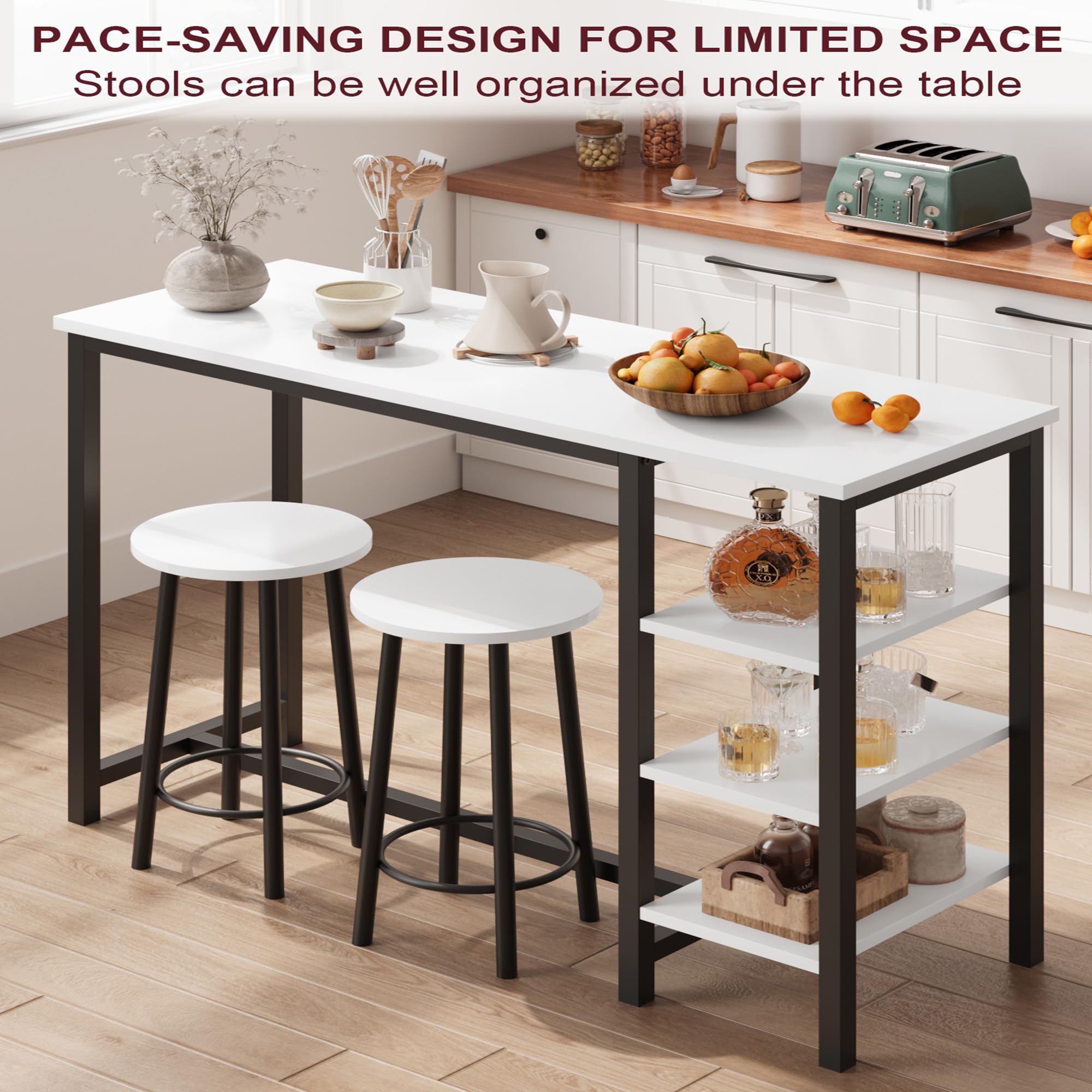 **White & Black 3-Piece Counter Height Dining Set with 2 Stools & 3 Storage Shelves - Space-Saving Bar Table for Small Apartments, Kitchens, Breakfast Nooks & Studio Living**
