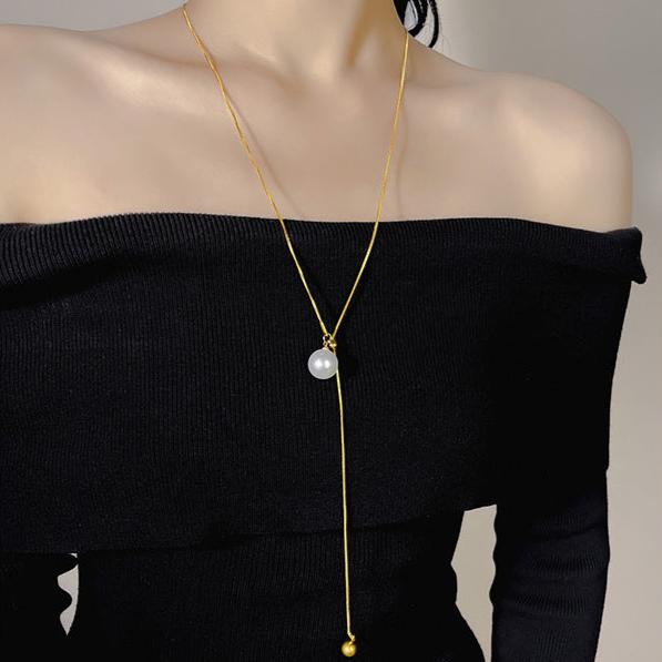 Elegant Pearl Slider Lariat Chain Necklace for Women - Minimalist Dainty Layering Jewelry | Perfect for Date Night, Office Wear & Special Occasions