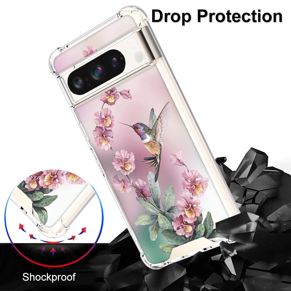 OOK Clear Case for Google Pixel 8 Pro - Pink Hummingbird Design, Flexible TPU Shockproof & Anti-Scratch Transparent Cover with Ring Kickstand | Perfect for Daily Protection, Work & Travel