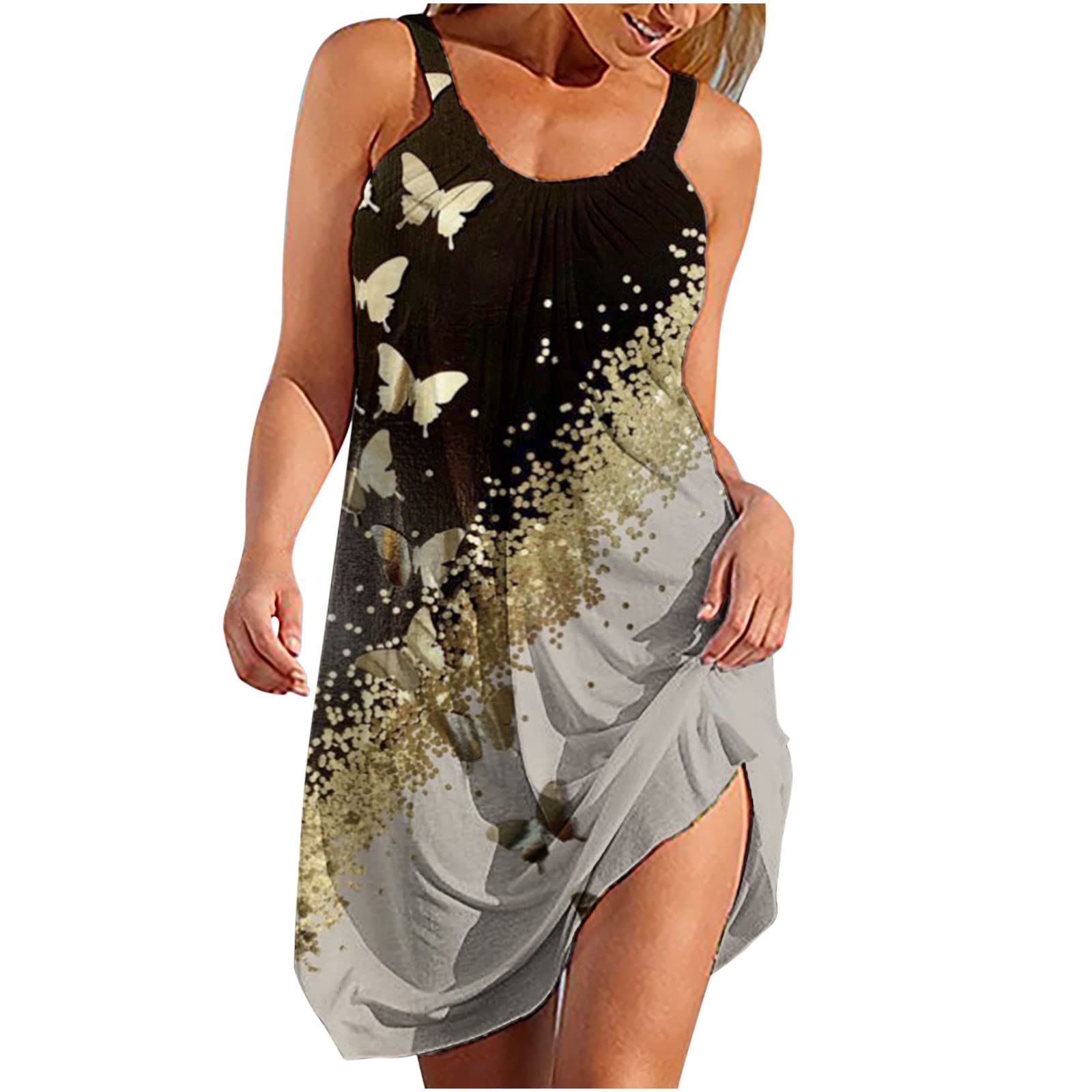 Women's Summer Sleeveless Boho Print Flowy Sundress - Elastic Waist Beach Dress, Casual Loose Mini Dress for Vacation, Pool Party & Outdoor Activities