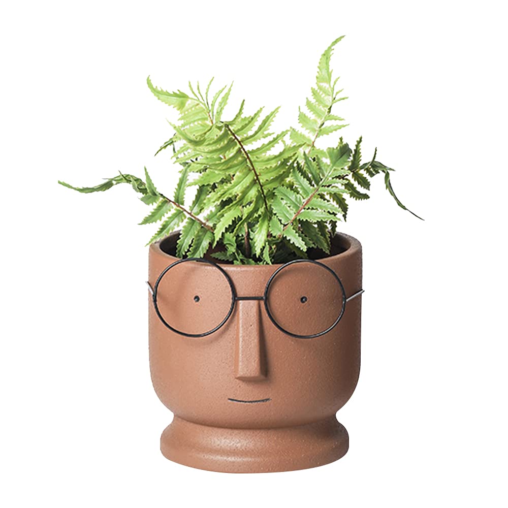 Modern Terracotta Face Planter Pot - Unglazed Ceramic Succulent Head Vase with Drainage Hole - 5.12 Inch Small Bonsai Container for Indoor Plants - Perfect for Home Decor, Office Desk, or Gift Idea