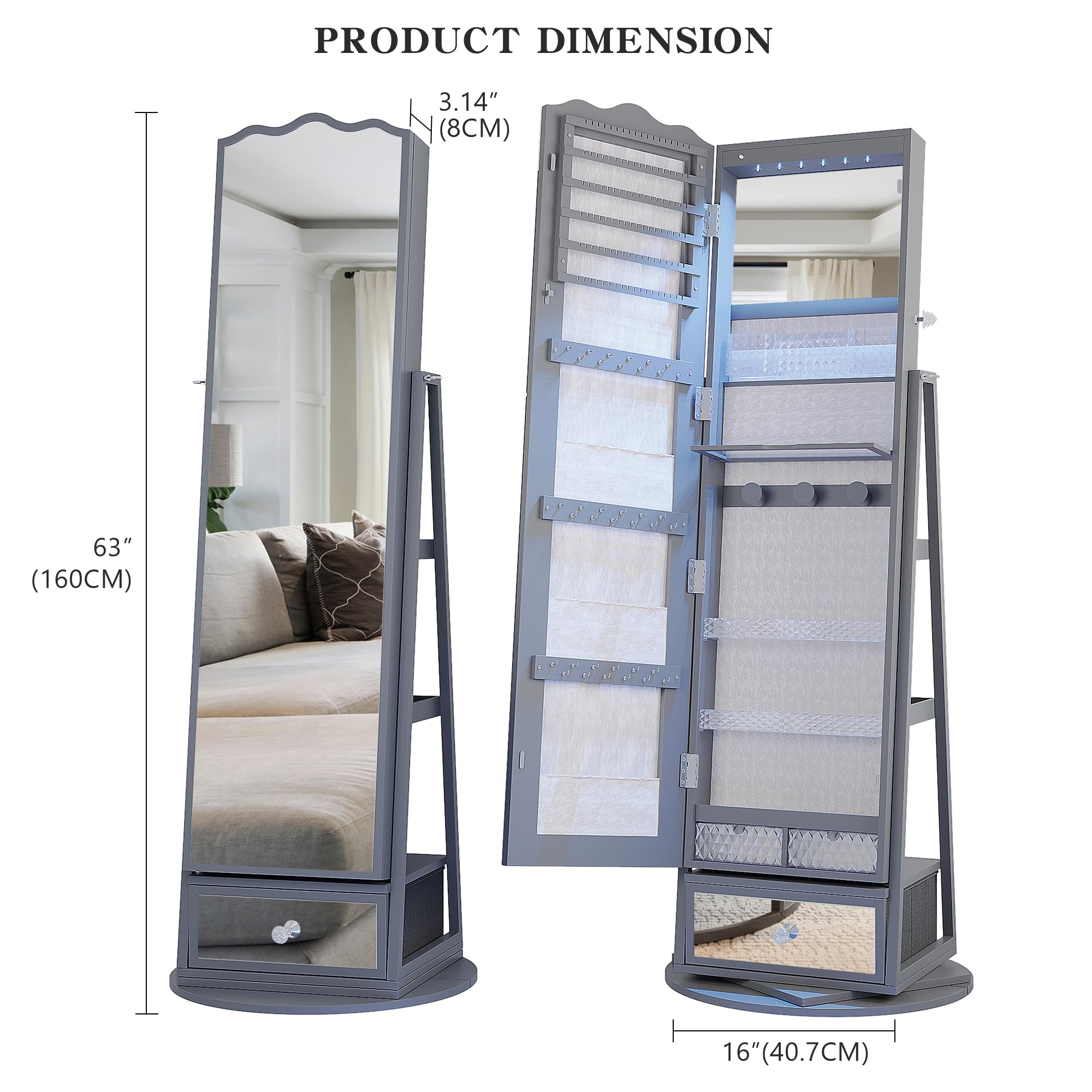 360° Rotating LED Jewelry Armoire with Full-Length Mirror - Large Capacity Jewelry Organizer with Lights & Lock - Floor Standing Mirror Cabinet with Storage Shelves for Bedroom, Cloakroom - Perfect for Organizing Necklaces, Rings & Accessories in Walk-In Closets or Dressing Rooms