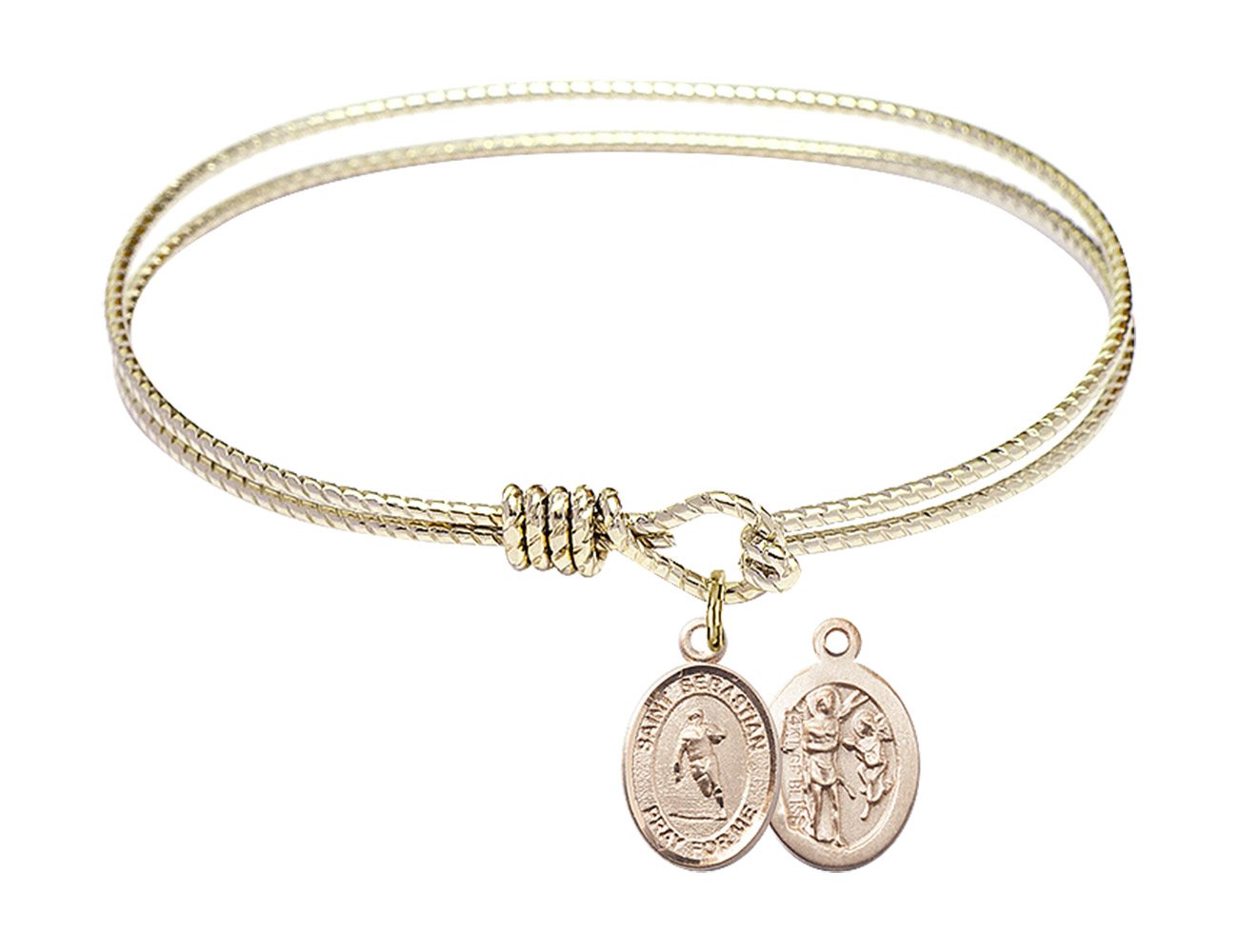 6 1/4 Inch Oval Eye Hook Bangle Bracelet with St. Sebastian Rugby Charm - Elegant Jewelry for Sports Fans, Rugby Players & Saint Sebastian Devotees - Perfect for Gifts, Game Days & Religious Occasions
