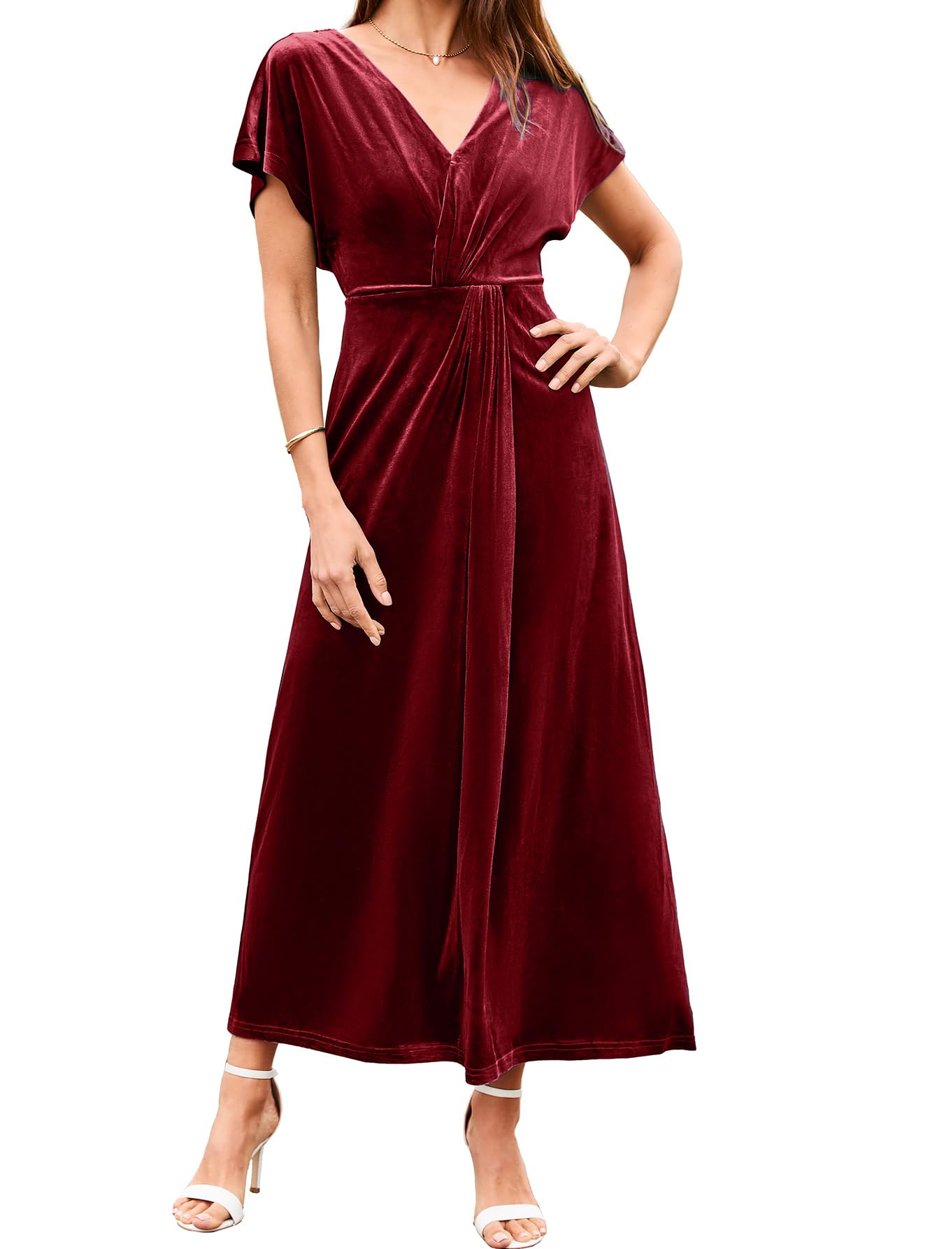 Simplee Women's Velvet Maxi Dress - Short Sleeve V-Neck Formal Bodycon Dress for Wedding Guest, Prom, Fall Events & Special Occasions