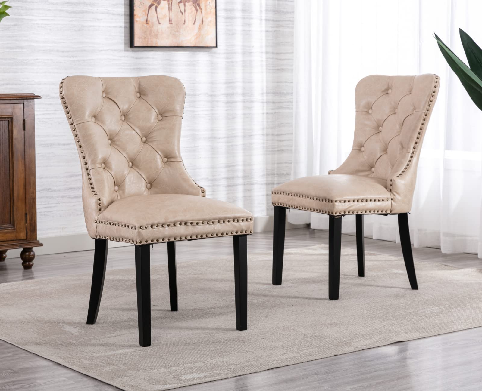 EALSON Mid Century Modern Dining Chairs Set of 2 - Tufted Leather Upholstered Kitchen Side Chairs with Wood Legs & Nail Head Trim - Beige with Ring Design - Perfect for Dining Room, Kitchen Island or Living Room Seating