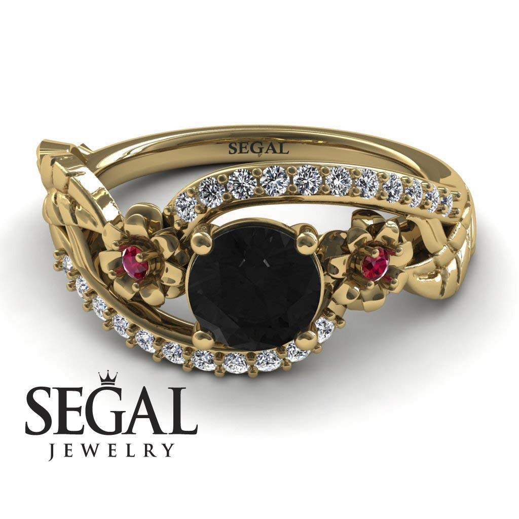 Exquisite 14K Yellow Gold Unique Engagement Ring with Black Diamond, Ruby & White Diamond Floral Leaf Design - Perfect for Proposals, Anniversaries & Special Occasions