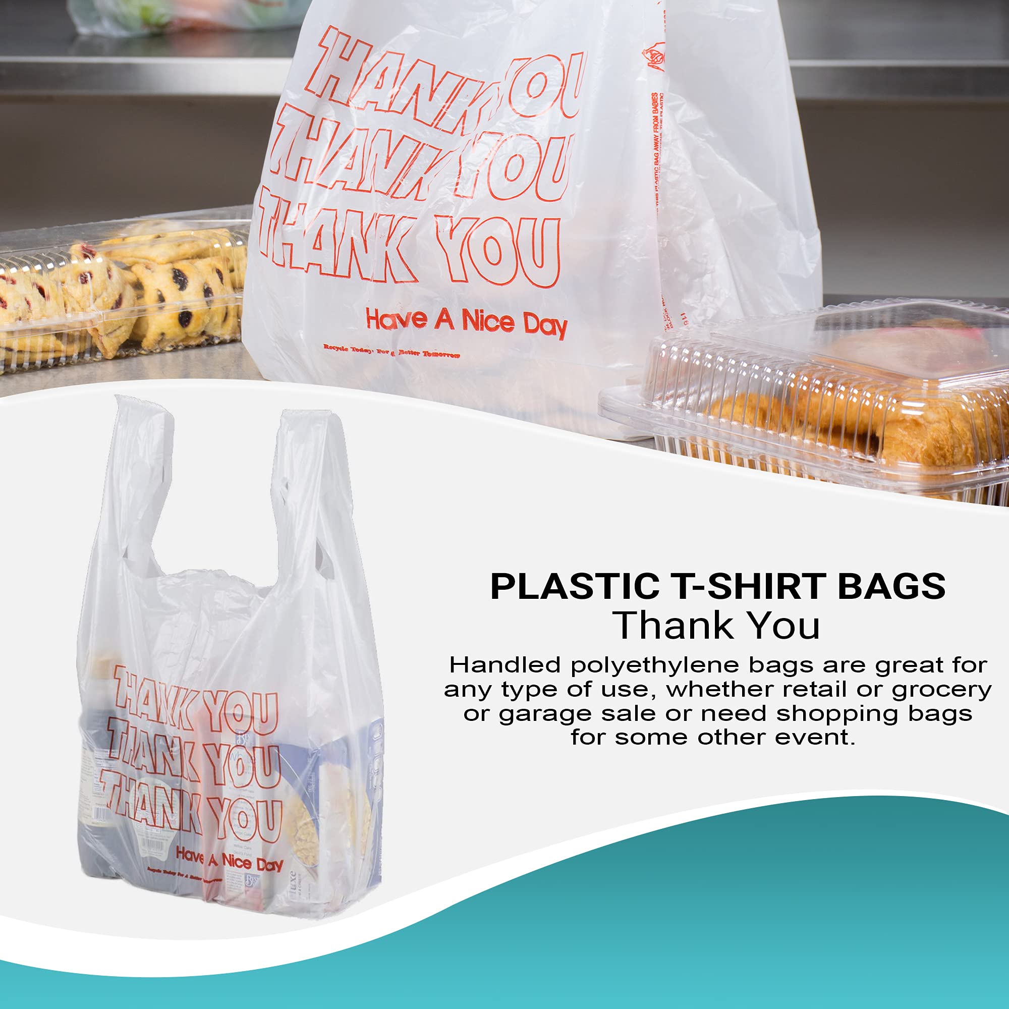 APQ 1000 Pack 12x7x23 Inch Thank You Plastic Bags - 0.65 Mil Thickness Reusable Preprinted Shopping Bags for Retail, Restaurants & Clothing Stores - Durable Carry-Out T-Shirt Bags for Groceries, Takeout & Gift Packaging