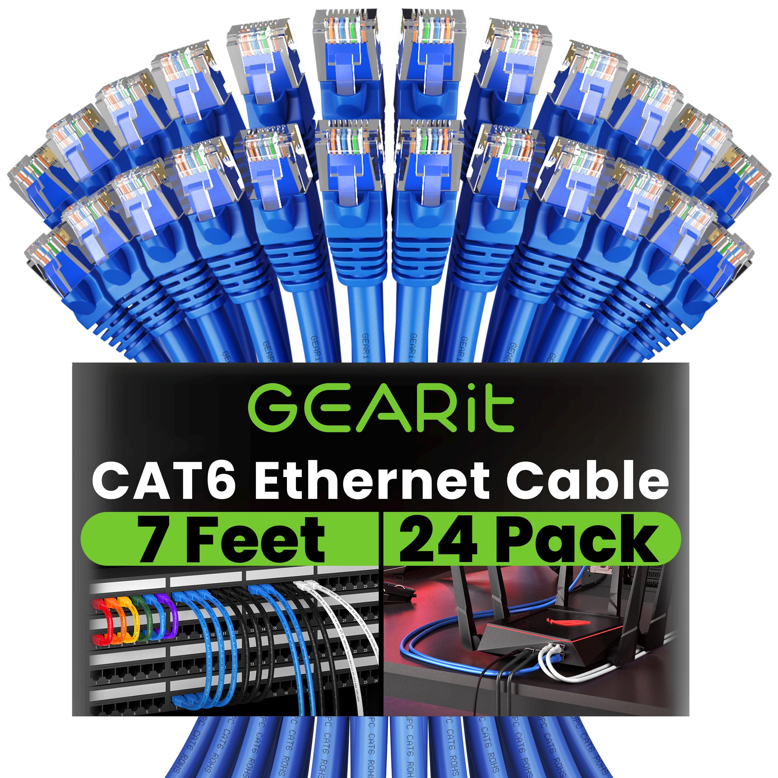 GearIT Cat 6 Ethernet Cable 24-Pack (7 Feet) - 10Gbps High-Speed Snagless RJ45 Network Patch Cord with Gold-Plated Connectors - for PC, Laptop, TV, Router, Gaming Console, Smart Home & Office Networking - Durable Blue Cables for Fast Internet & Data Center Use
