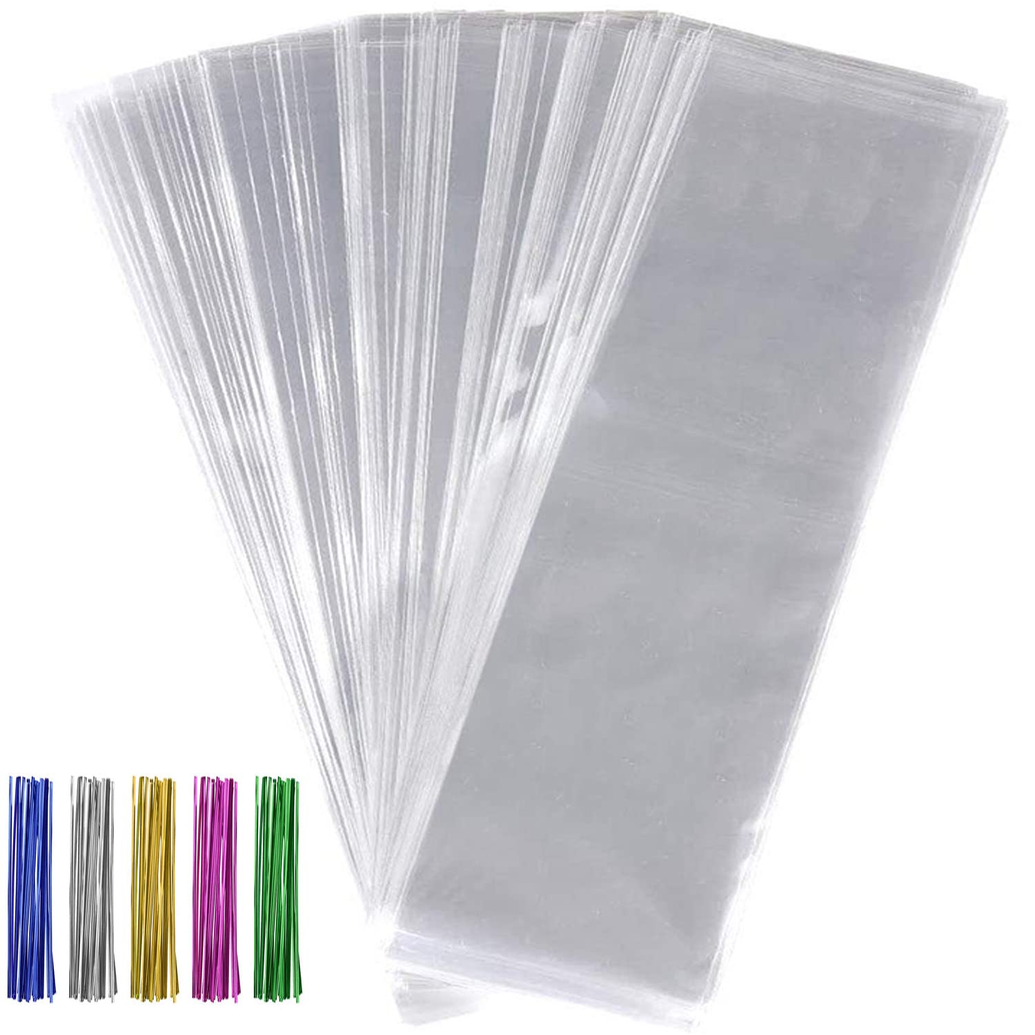 600pcs Clear Cellophane Bags Set - 300pcs 3x11 Inch Long Cello Bags for Cookies, Candies & Treats + 300pcs Colorful Twist Ties - Perfect for Gift Wrapping, Party Favors, Wedding, Baby Shower & Holiday Packaging