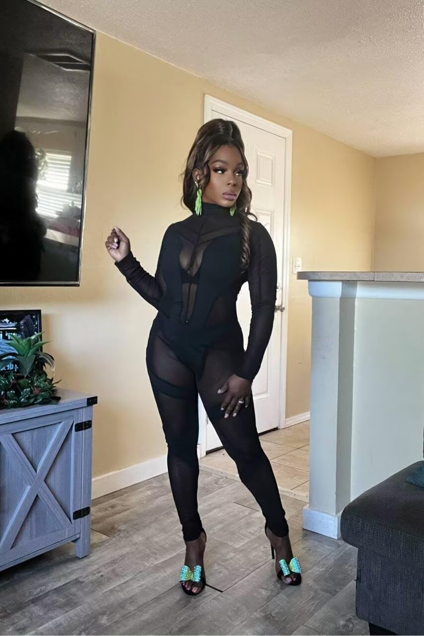 Sexy High Neck Sheer Mesh Bodycon Jumpsuit for Women - Clubwear & Party Outfit - Perfect for Nightclubs, Dates, and Special Occasions