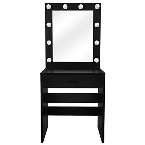 FCH Single Drawer Dresser with LED Light Cannon & Large Mirror - Black Finish with Warm Lighting | Perfect for Bedroom, Dorm Room, or Entryway Organization