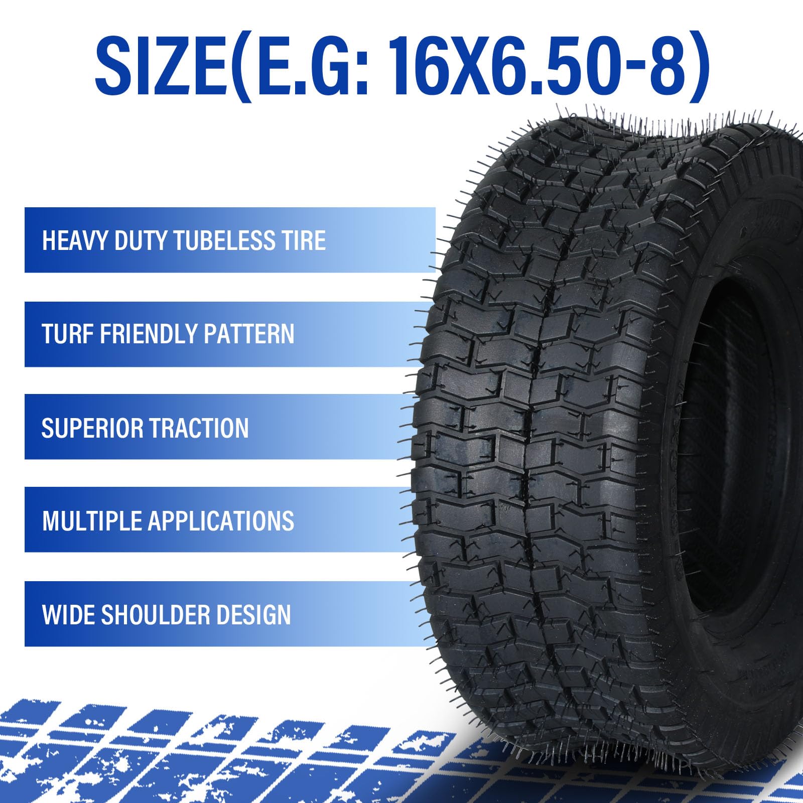 Set of 2 - 16X6.50-8 Tubeless Turf Tires for Lawn Mower & Garden Tractors - 2PR Heavy Duty - Perfect for Golf Carts, ATVs & Yard Equipment