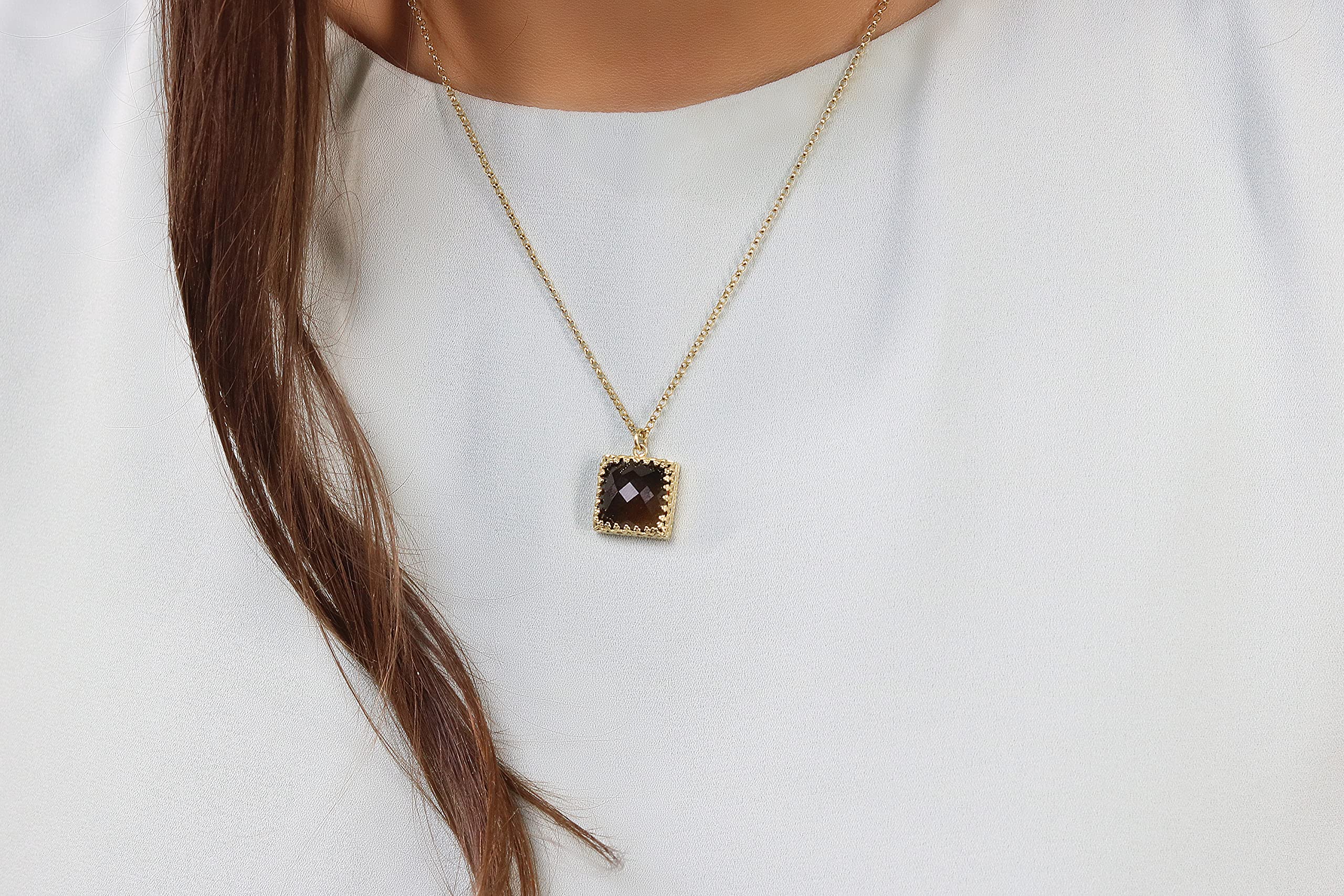 Handmade Smoky Quartz Statement Necklace with Intricate Square Pendant - Elegant Crystal Jewelry for Women - Customizable Gemstone Necklace for Evening Parties, Date Nights & Special Occasions
