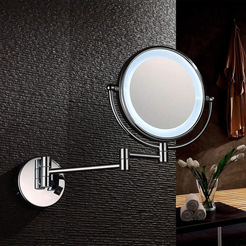 8 Inch LED Illuminated Makeup Mirror with 5X Magnification - 360° Rotating Wall Mounted Vanity Mirror for Bathroom, Shaving & Dressing - Extendable Arm for Concealed Installation (Perfect for Home, Salon & Hotel Use)