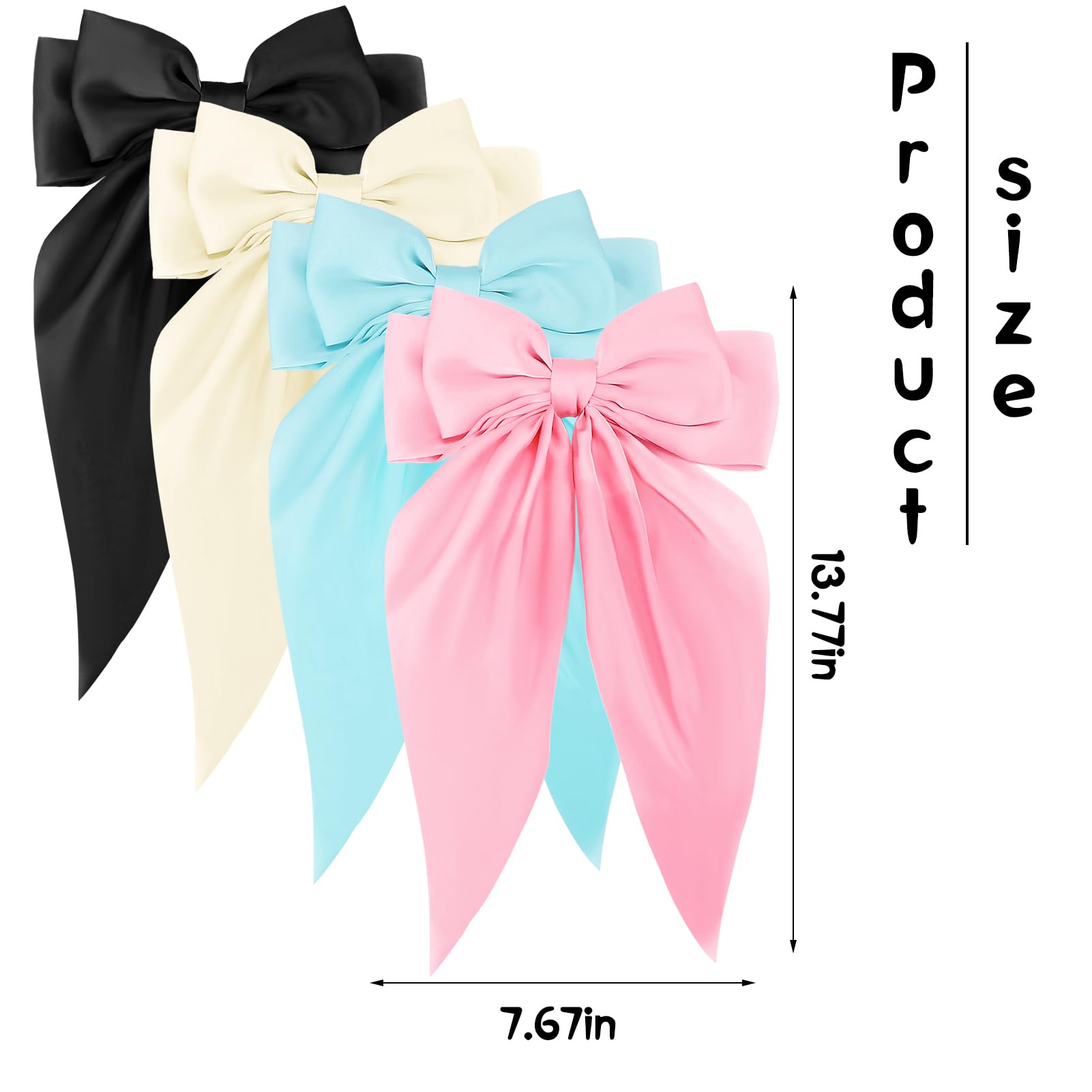 Zkptops 4Pcs Silky Satin Hair Bow Clips for Women & Girls - Cute Oversized Hair Barrettes with Long Tail Ribbon (Black, Beige, Blue, Pink) | Perfect for School, Parties, Weddings & Everyday Hair Accessories
