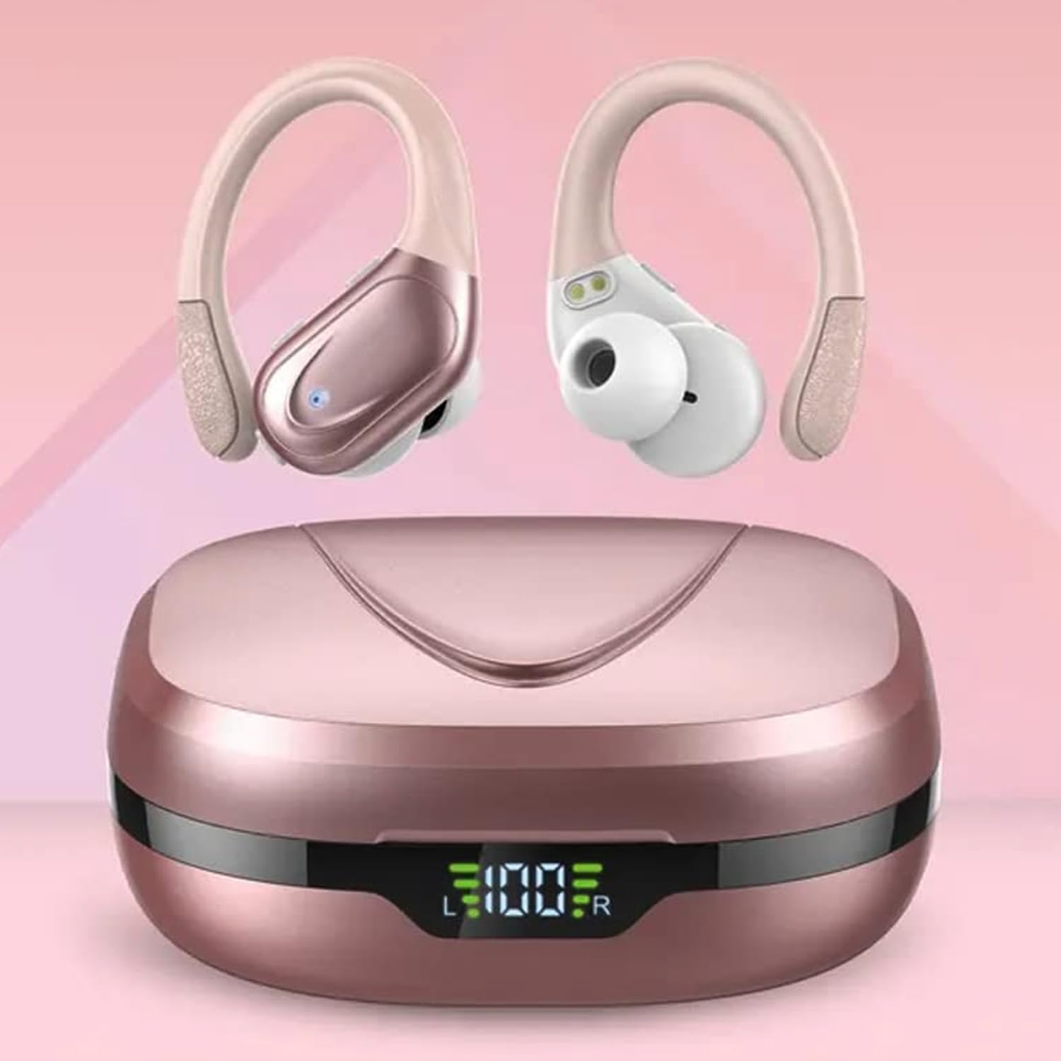 BX17 Wireless Bluetooth 5.3 Earbuds with 48H Playtime, HiFi Stereo Bass, Earhook Design, IPX5 Waterproof, Built-in Mic & LED Display - Perfect for Running, Gym, Travel & Workouts (Rose Gold)