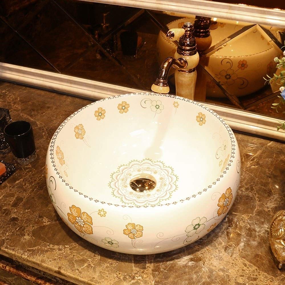 Round Ceramic Vessel Sink for Bathroom Vanity - Above Counter Top Mount Drop-in Sink with Cabinet - Perfect for Modern & Farmhouse Bathroom Decor