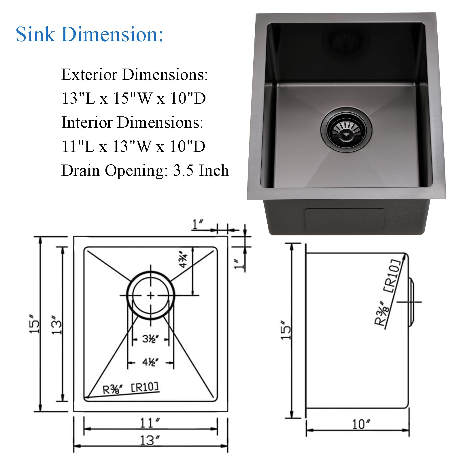 Bokaiya 13x15 Inch Undermount Black Bar Sink - 16 Gauge Stainless Steel Small Wet Bar Sink with Bottom Grid & Strainer - Perfect for Kitchenettes, Home Bars, RV, and Outdoor Entertaining