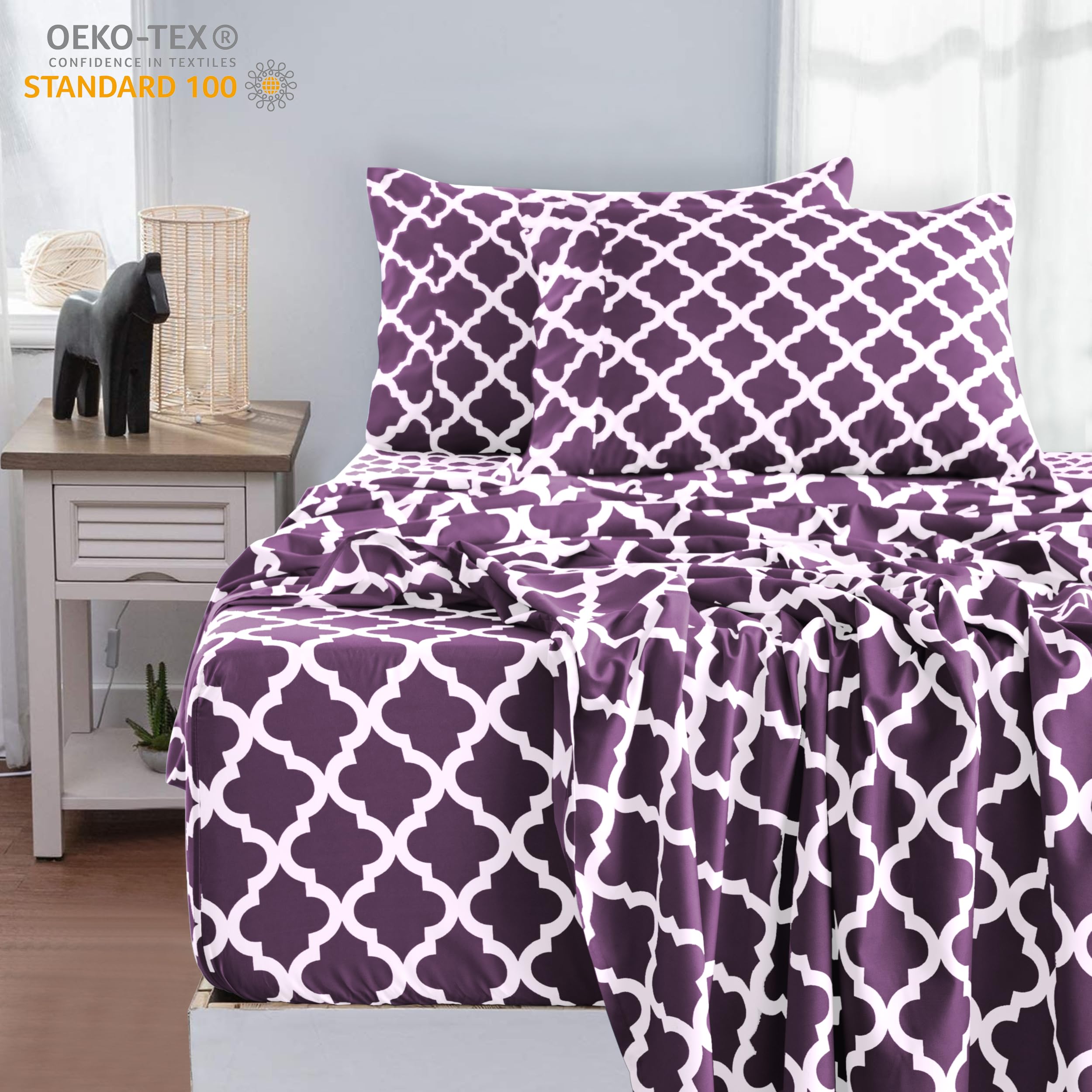 Lux Decor California King Size 4-Piece Cooling Bed Sheet Set - Breathable Hotel Style Microfiber Sheets with Deep Pockets | Soft, Wrinkle-Free & OEKO-TEX Certified Quatrefoil Design (Purple) - Perfect for Hot Sleepers & Luxury Bedroom Decor