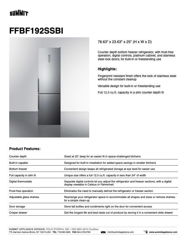 SUMMIT 24-Inch Counter Depth Bottom Freezer Refrigerator (FFBF192SS) - Stainless Steel Energy Efficient Compact Fridge for Small Kitchens, Apartments & Office Spaces